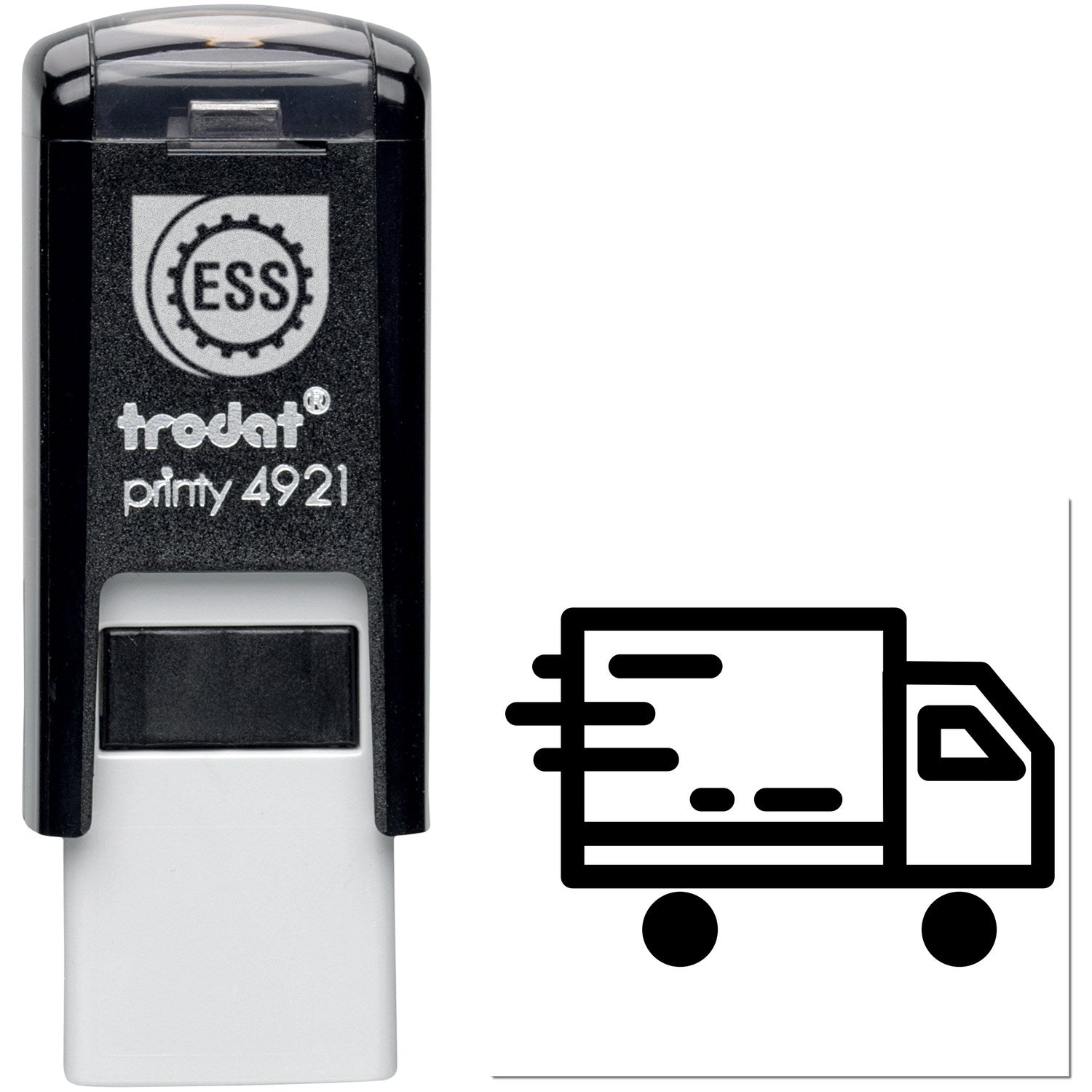 Self-Inking Speedy Loyalty Program Stamp with black casing and ESS logo, featuring a fast delivery truck icon. Ideal for efficient loyalty card stamping.