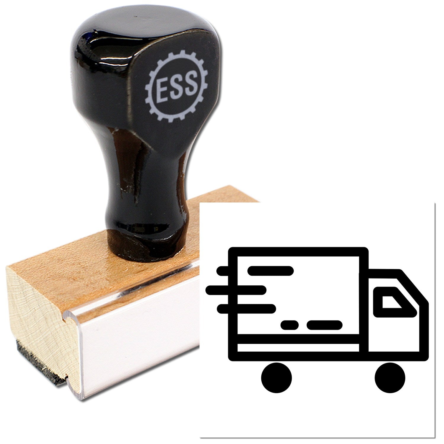 Wood Handle Speedy Loyalty Program Rubber Stamp with a sleek black top and engraved ESS logo, mounted on a sturdy wooden base. Perfect for efficient stamping needs.