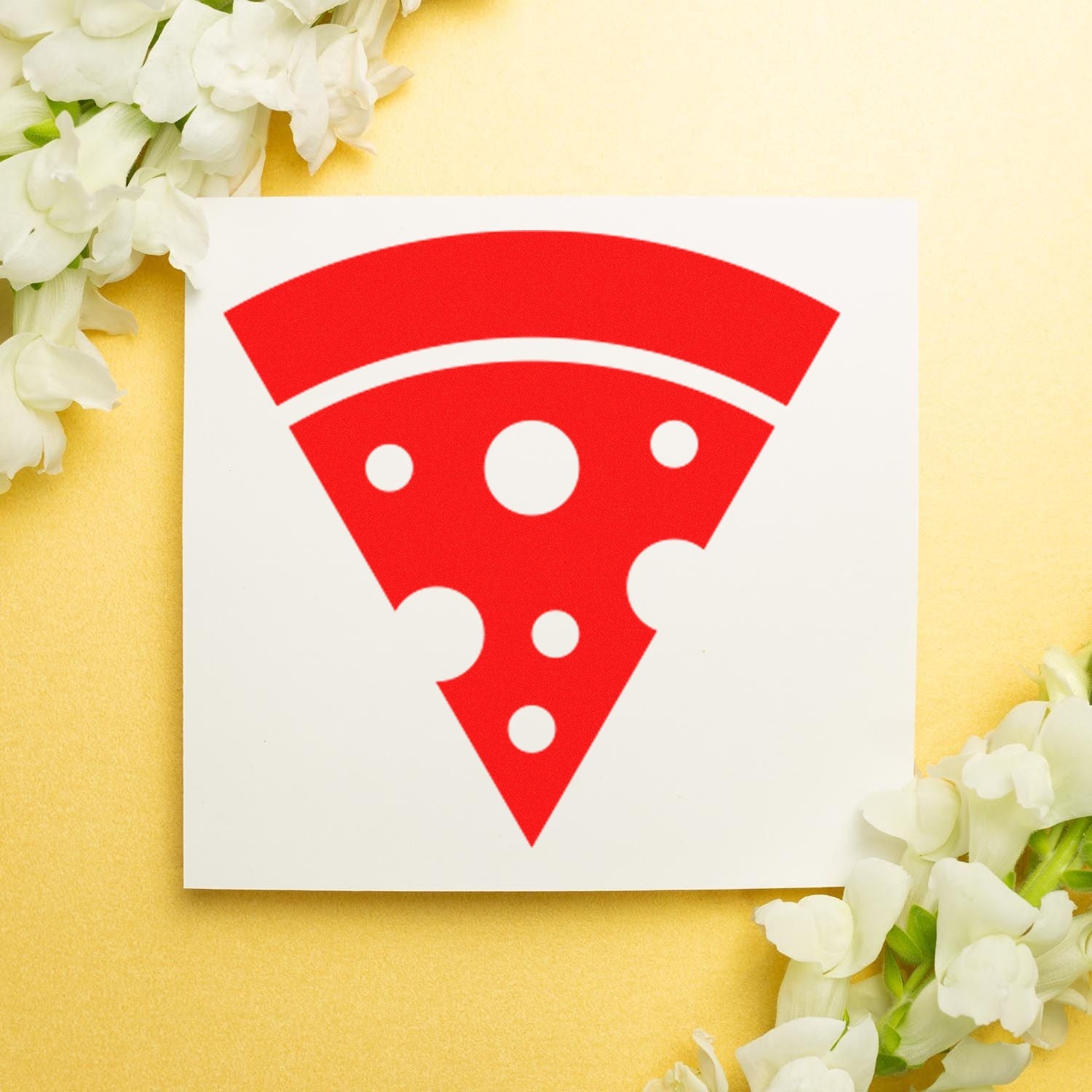 Wood Handle Pizza Perks Incentive Rubber Stamp featuring a red pizza slice design on a white card, set against a gold background with white flowers.