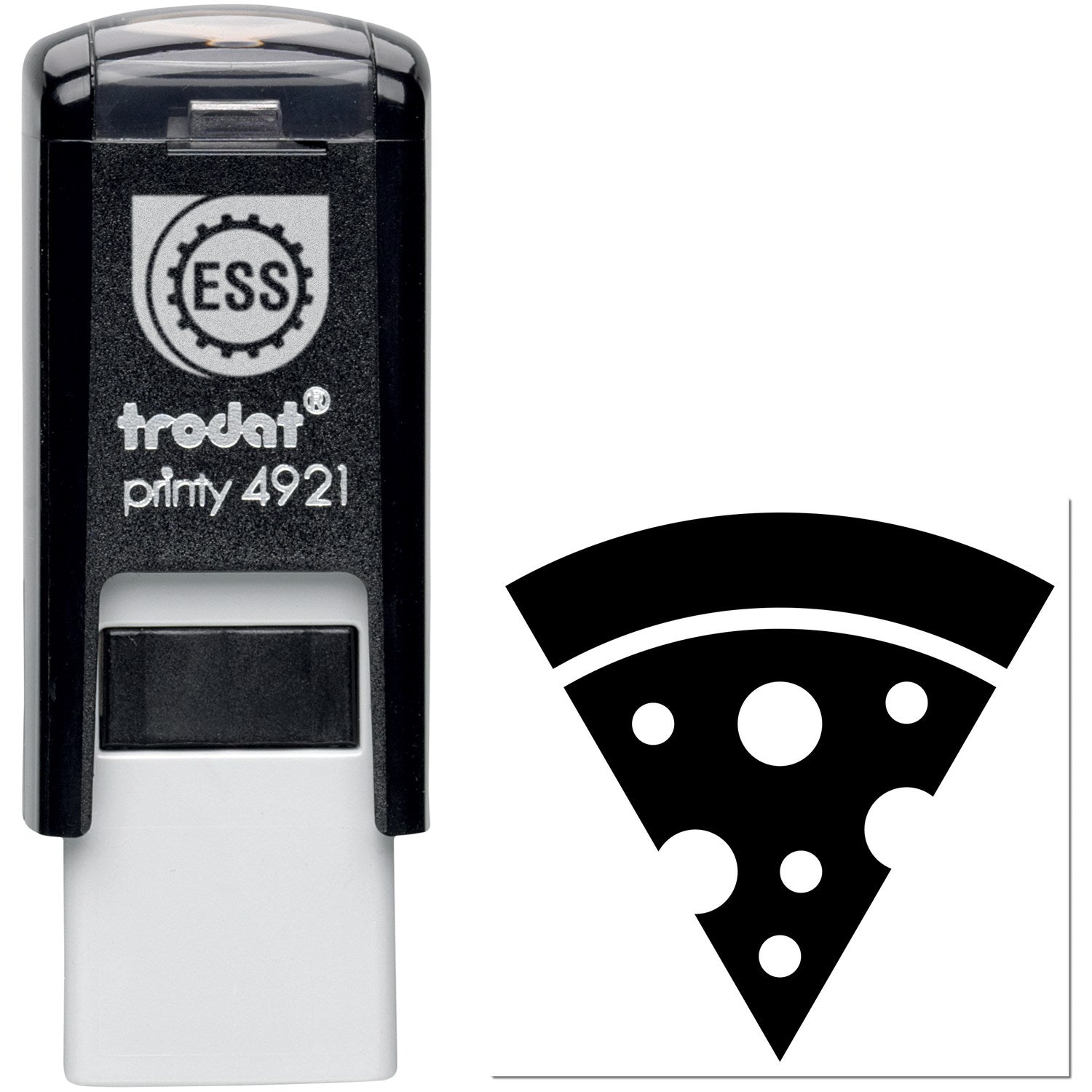 Self-Inking Pizza Perks Incentive Stamp with black casing and pizza slice design, featuring Trodat Printy 4921 branding.