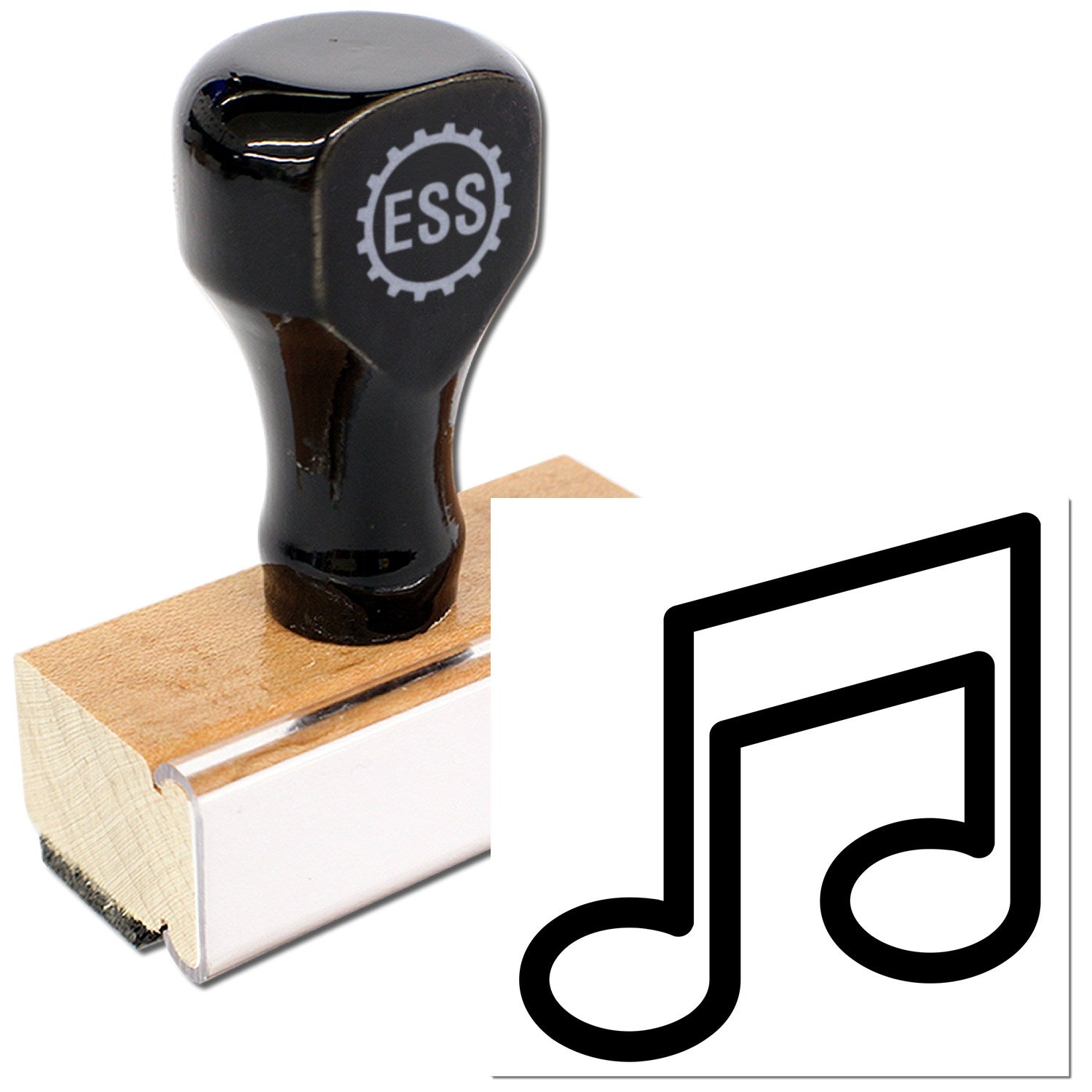 Wood Handle Melody Mark Card Reward Rubber Stamp with black top and wooden base, featuring a musical note design. Perfect for teachers and music enthusiasts.