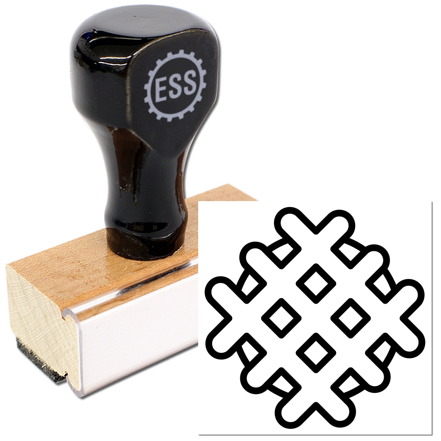 Wood Handle Wonderful Waffle Loyalty Points Rubber Stamp with a black top and wooden base, featuring a waffle pattern design. Perfect for adding a unique touch to loyalty cards and crafts.