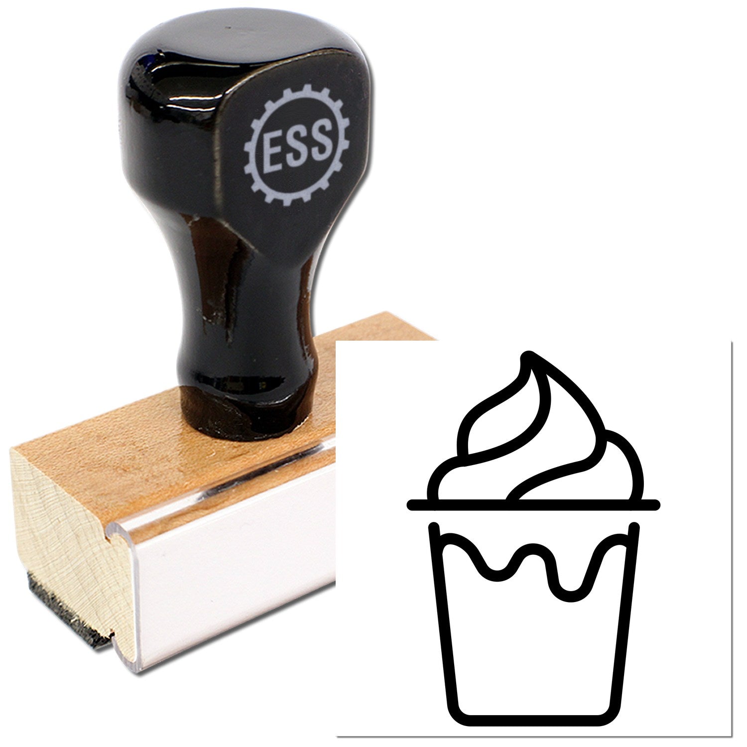 Wood Handle Coffee Customer Reward Rubber Stamp with a sleek black top and wooden base, featuring a cupcake design. Ideal for loyalty programs and creative branding.