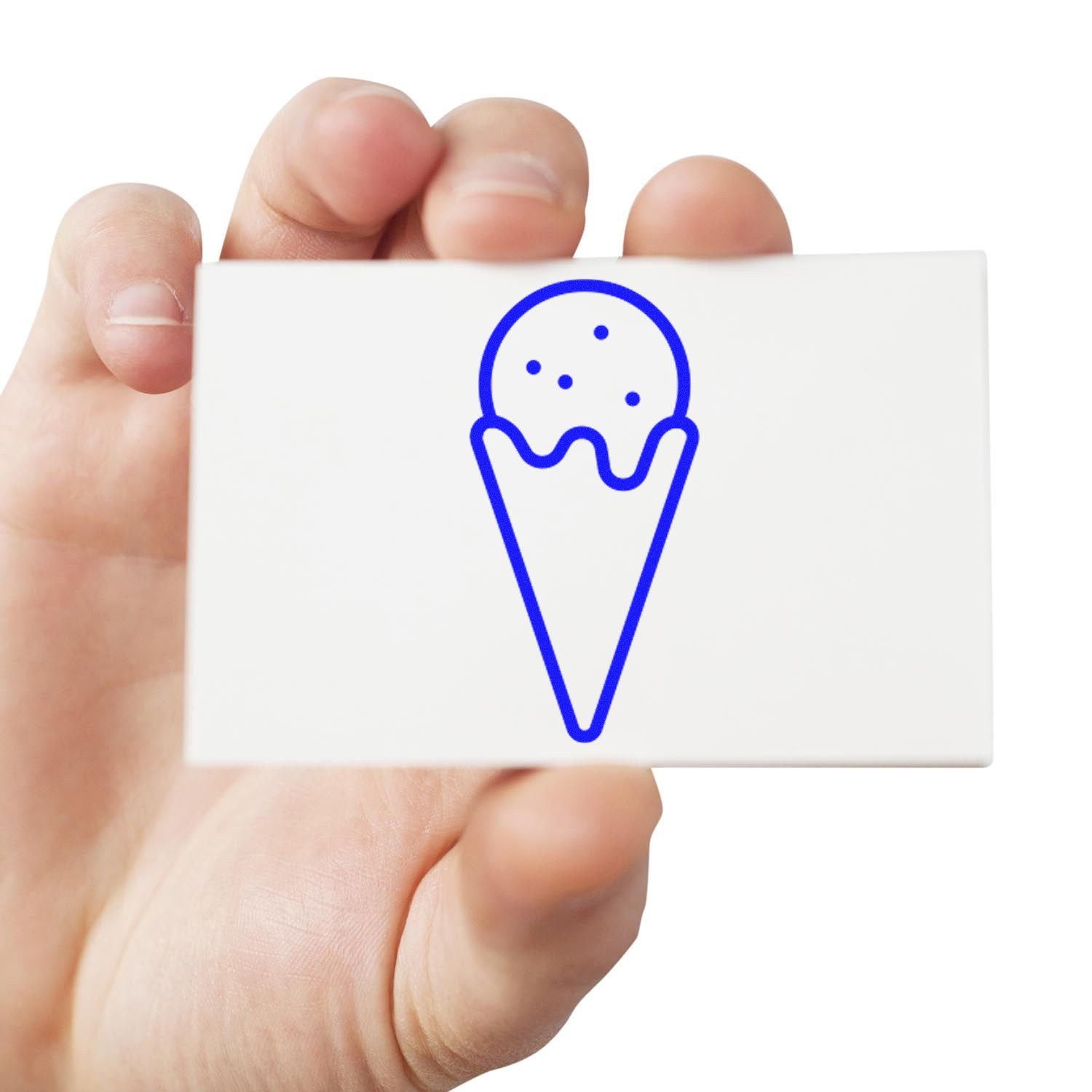 Self-Inking Sweet Rewards Purchase Stamp featuring a blue ice cream cone design, held in hand. Perfect for loyalty programs and customer incentives.