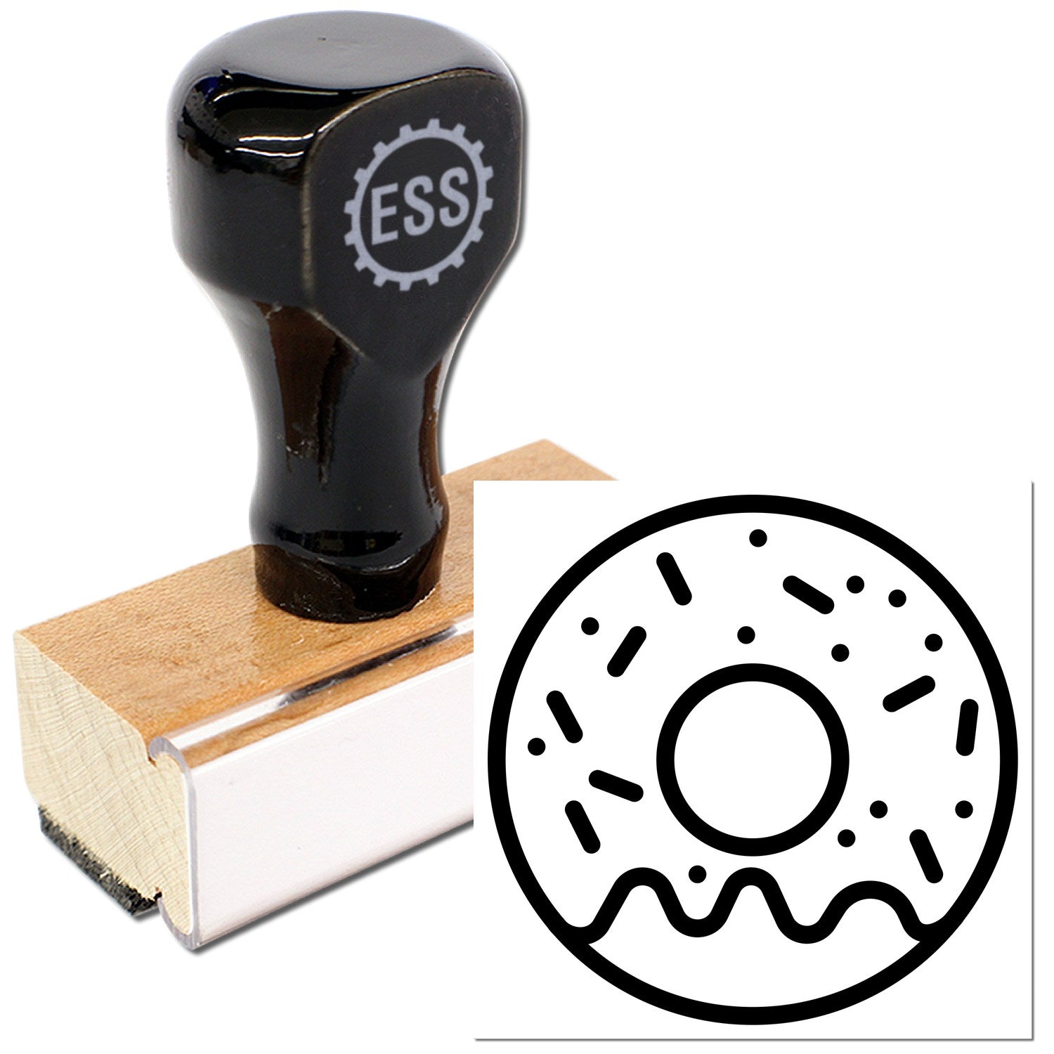 Wood Handle Doughnut Delight Repeat Customer Rubber Stamp with black handle and wooden base, featuring a doughnut design with sprinkles. Perfect for adding a fun touch to packaging or crafts.