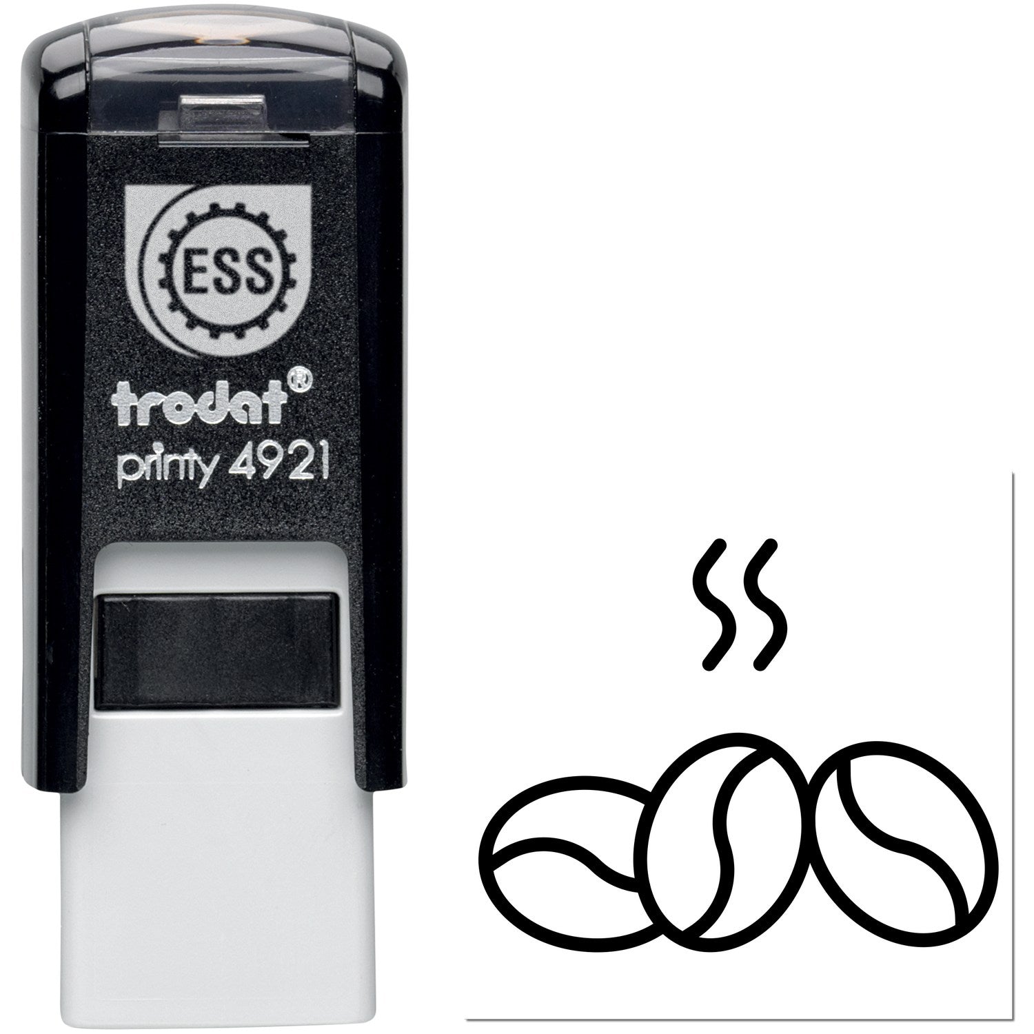 Self-Inking Bean Loyalty Scheme Stamp with black casing and coffee bean design. Ideal for loyalty cards, featuring durable construction and easy-to-use mechanism.