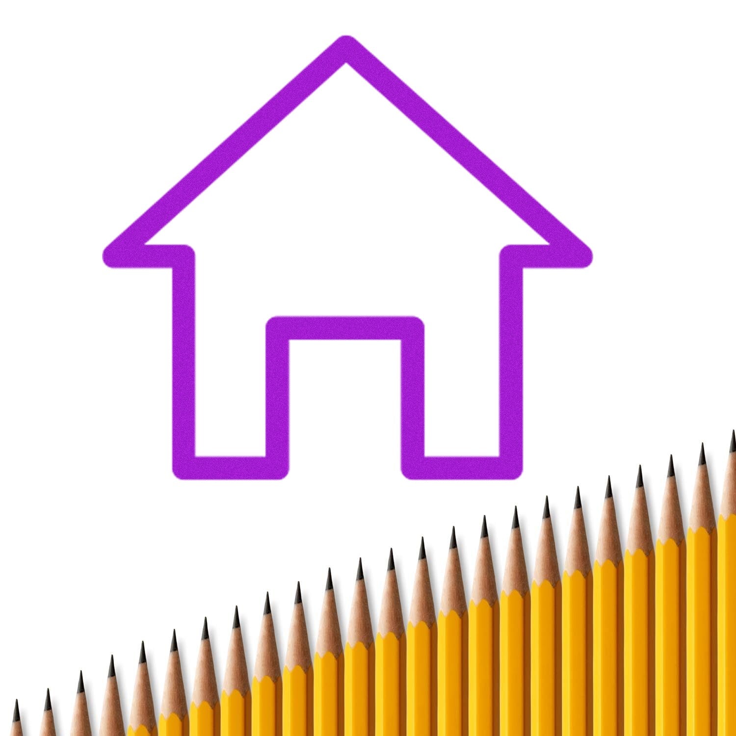 Self-Inking Home Sweet Discount Stamp with a purple house icon, shown in use above a row of sharpened yellow pencils. Ideal for crafting and office use.