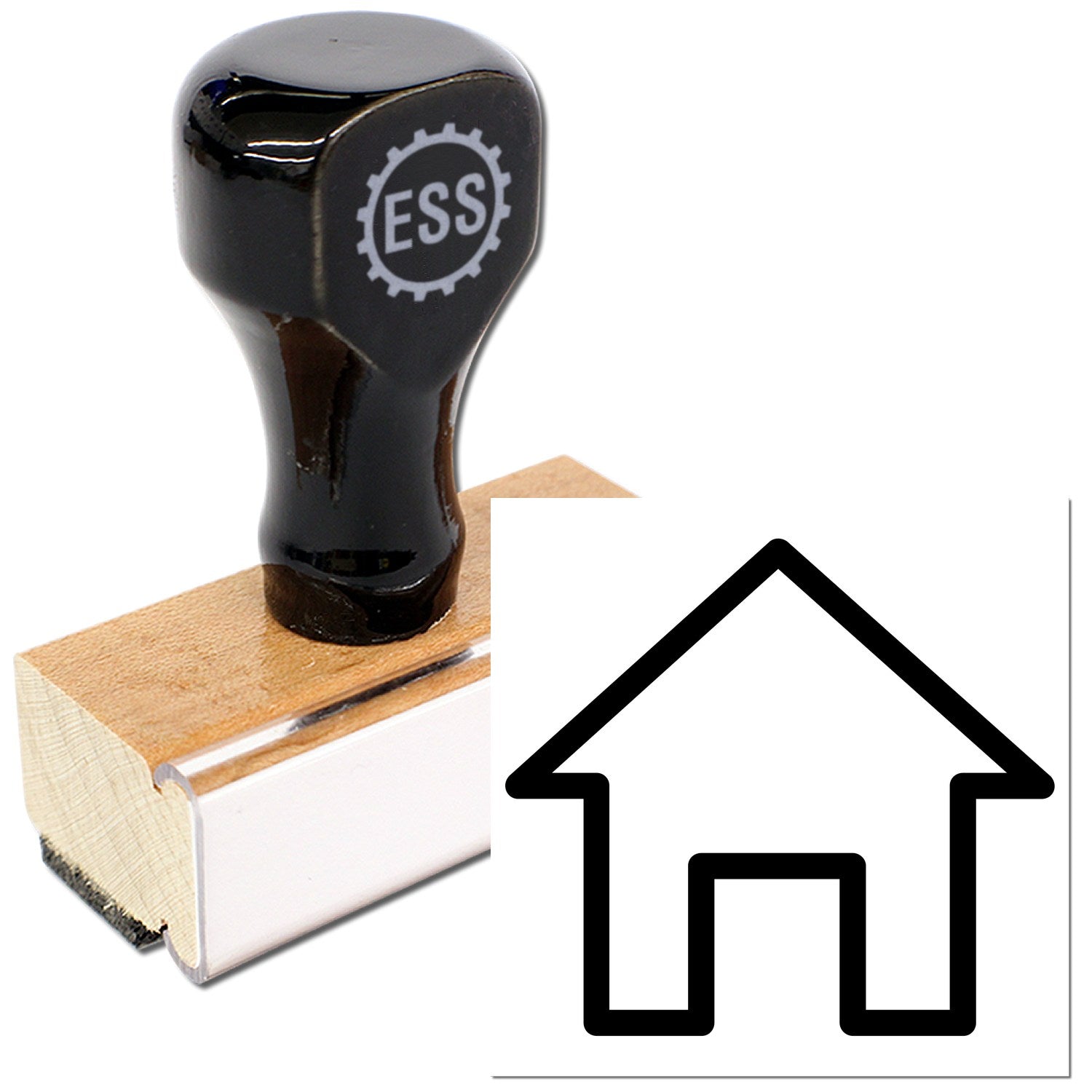 Wood Handle Home Sweet Discount Rubber Stamp featuring a sleek black handle with ESS logo, mounted on a sturdy wooden base. Ideal for crafting and personalizing projects.