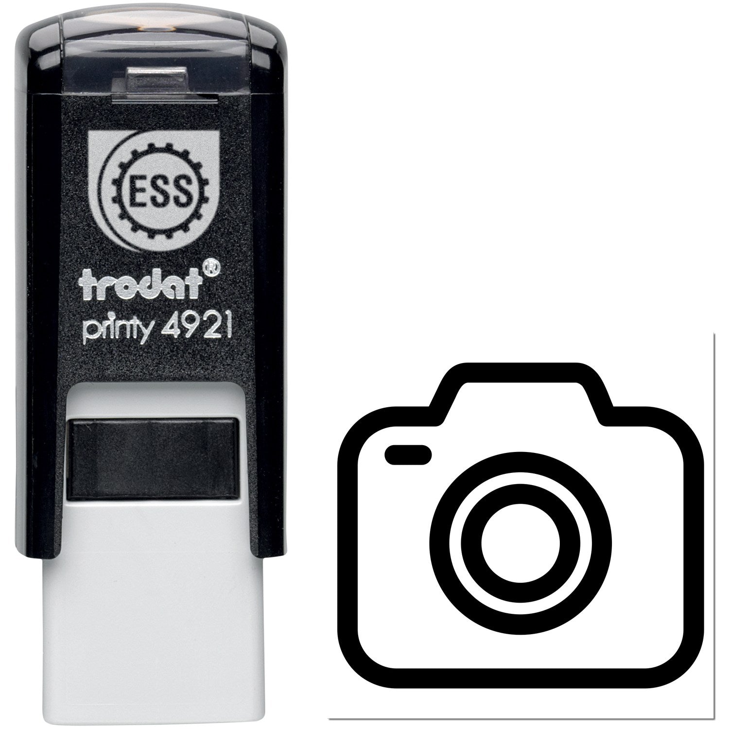 Self-Inking Snappy-Based Rewards Stamp, black casing, with ESS logo and camera icon design. Ideal for quick, efficient stamping.