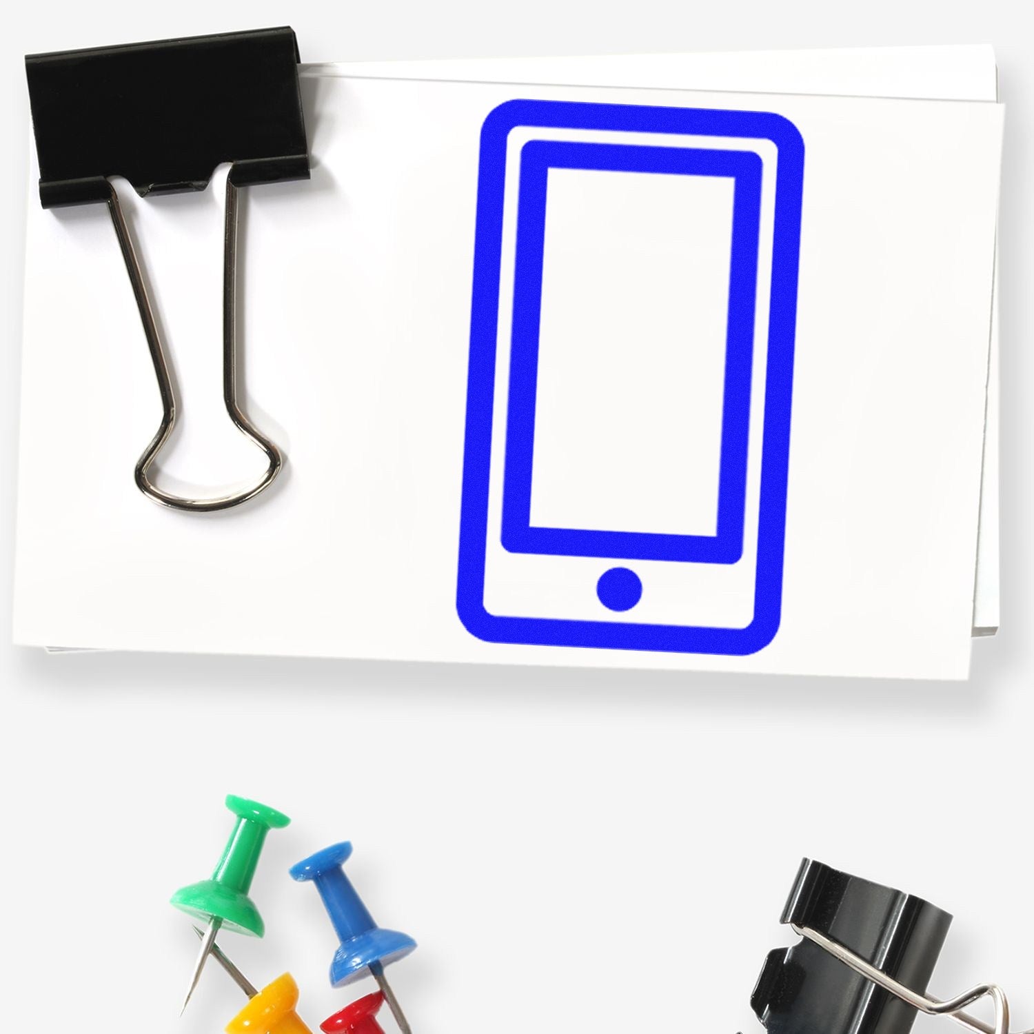 Self-Inking Phoned In Collection for Rewards Stamp featuring a blue smartphone icon, with colorful push pins and black binder clips on a white background. Perfect for organizing and rewarding.