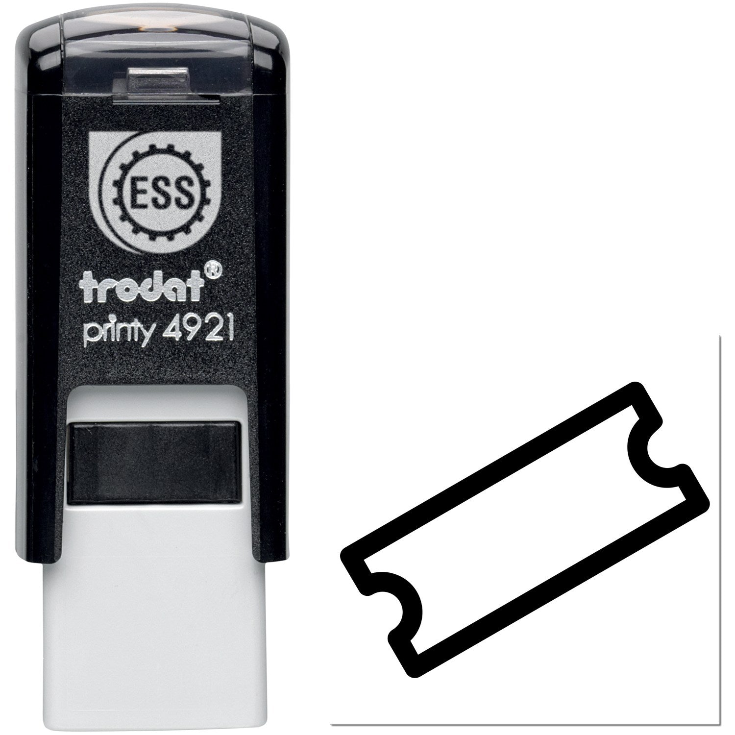 Self-Inking Ticket To Rewards Stamp featuring a black and white design with a ticket icon, ideal for efficient stamping.