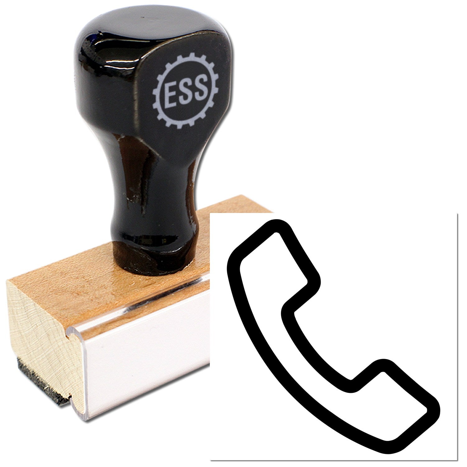 Wood Handle Call & Collect for Free Item Rubber Stamp featuring a black handle with ESS logo, wooden base, and phone icon imprint. Ideal for promotional use.