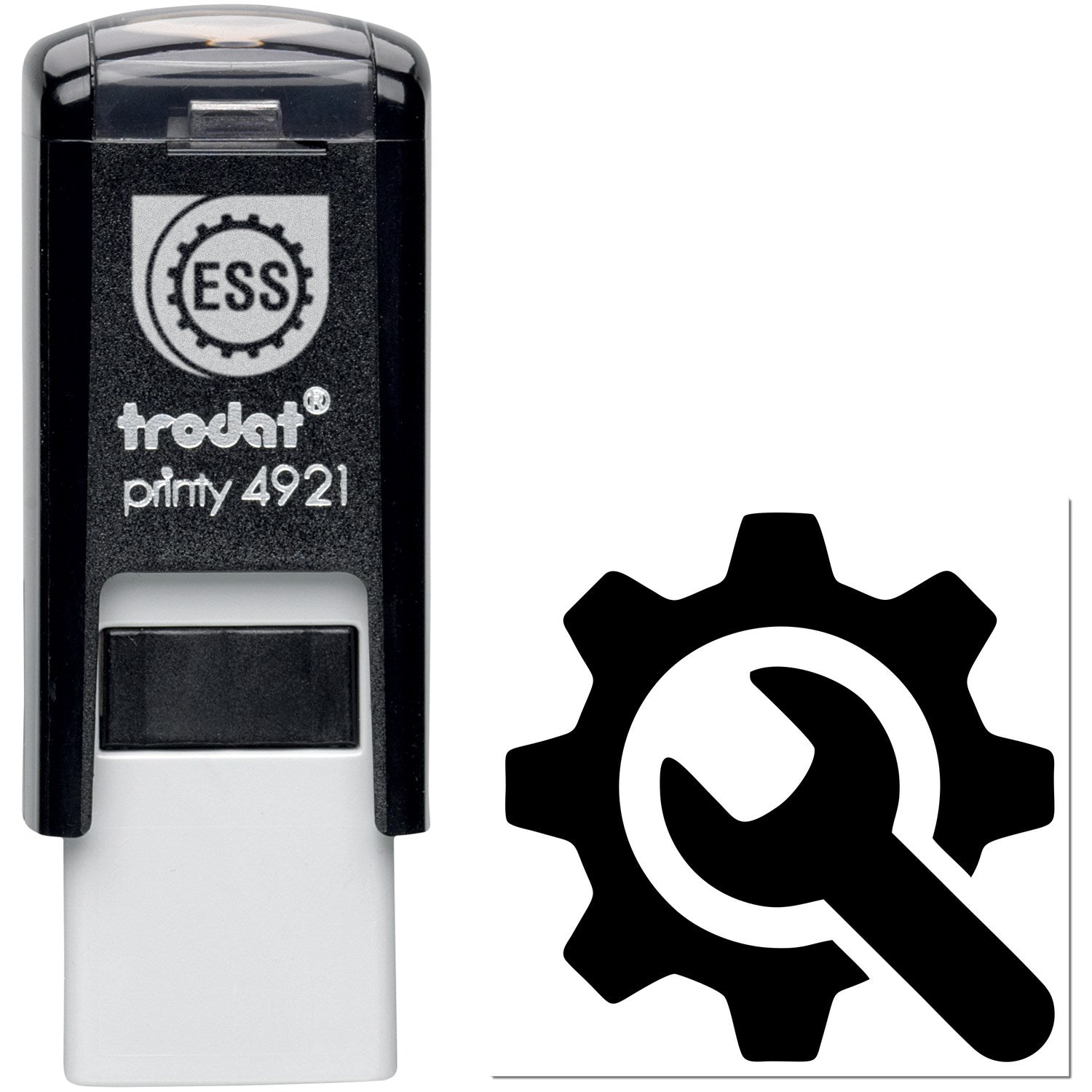 Self-Inking Tool Reward Program Stamp with black casing and gear wrench design, featuring Trodat Printy 4921 branding. Ideal for marking achievements in tool-related programs.