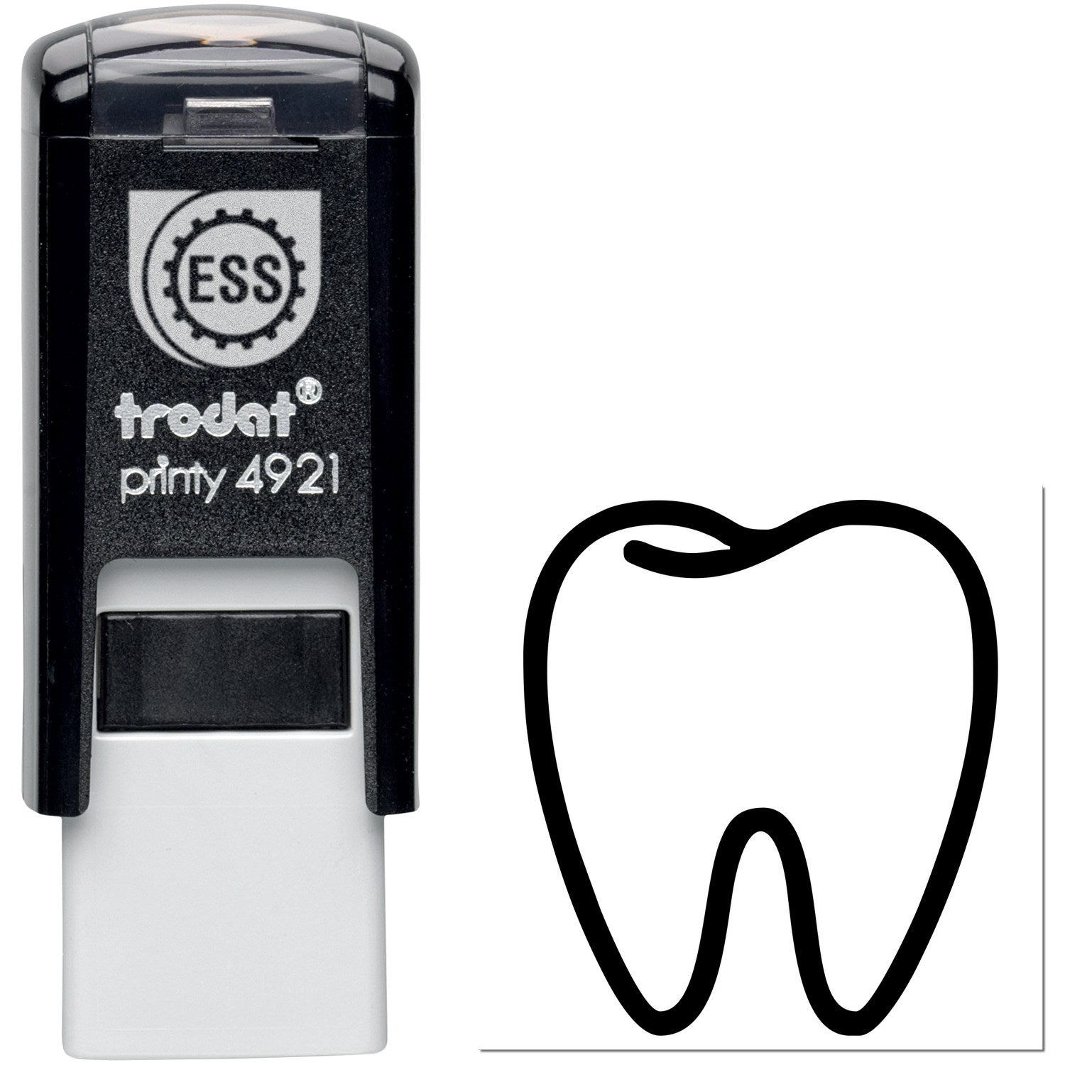 Self-Inking Dental Visit Stamp featuring a black casing with a tooth icon. Ideal for dental offices, this stamp offers convenience and efficiency for appointment reminders.