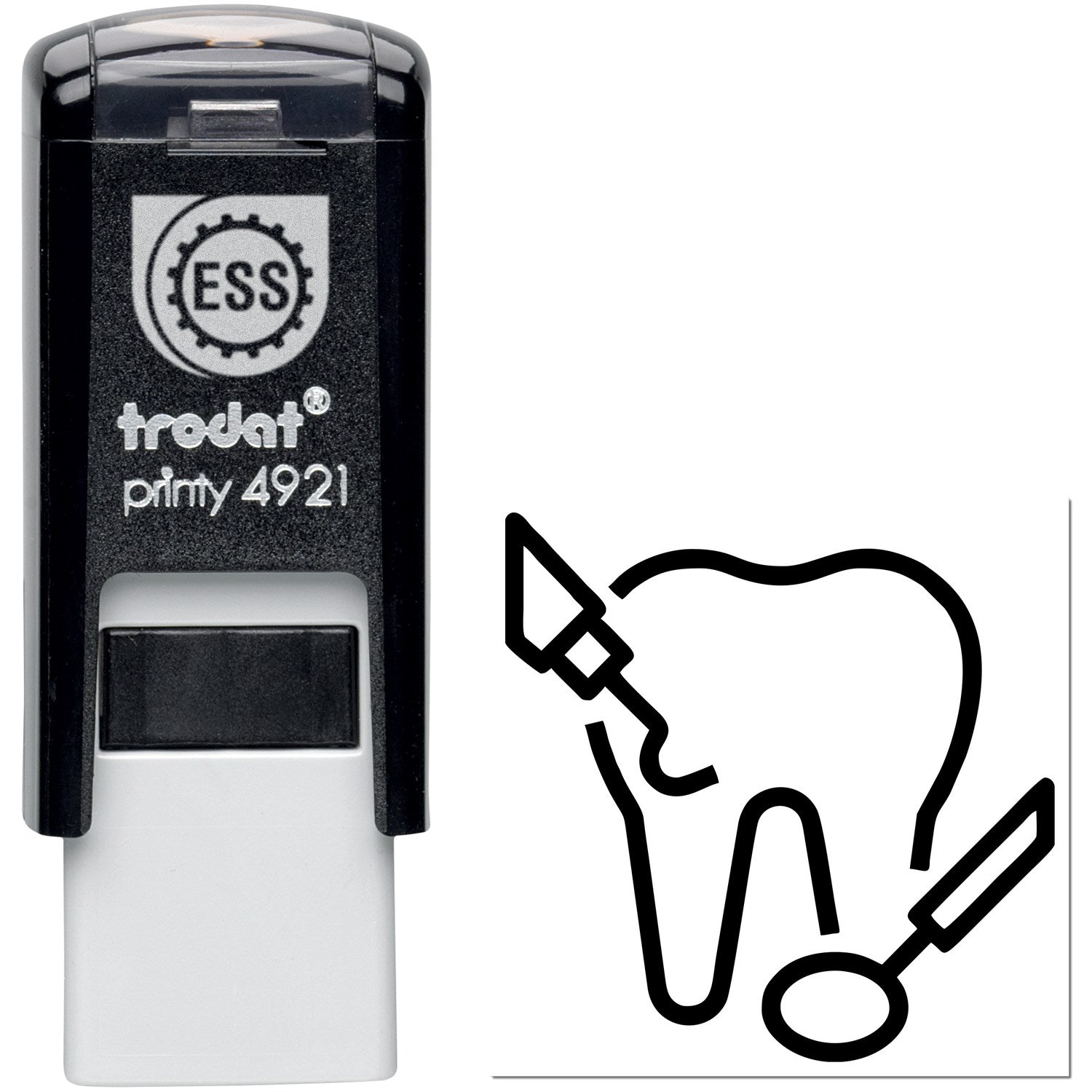 Self-Inking Healthy Teeth for Discounts Stamp featuring a black casing with a dental icon. Ideal for dental promotions and office use.