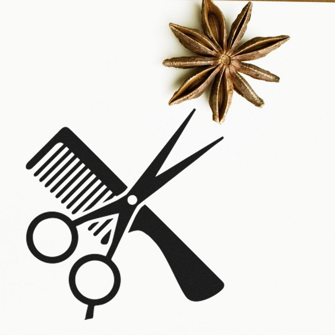 Wood Handle Haircuts Loyalty Incentive Rubber Stamp featuring a scissor and comb design, perfect for barbershop promotions.