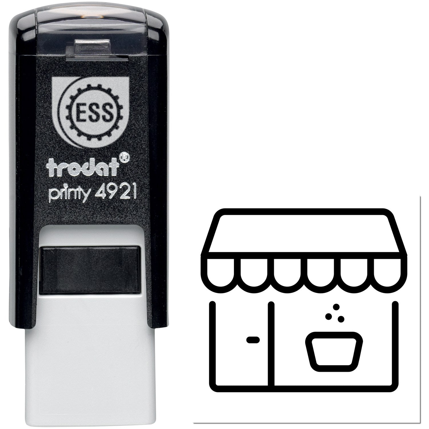 Self-Inking Coffee Shop Loyalty Stamp with black casing and coffee shop icon, featuring Trodat Printy 4921 design for convenient customer rewards.