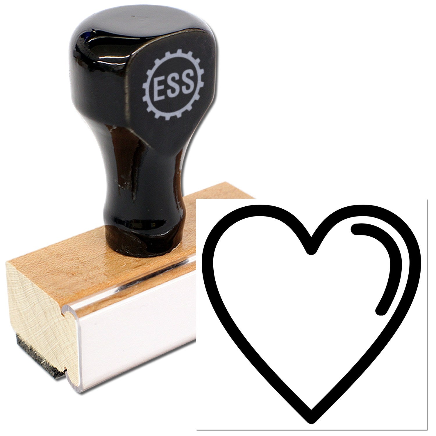 Wood Handle Heartfelt Loyalty Rubber Stamp with a sleek black top and engraved logo, featuring a heart design. Perfect for crafting and personalizing projects.