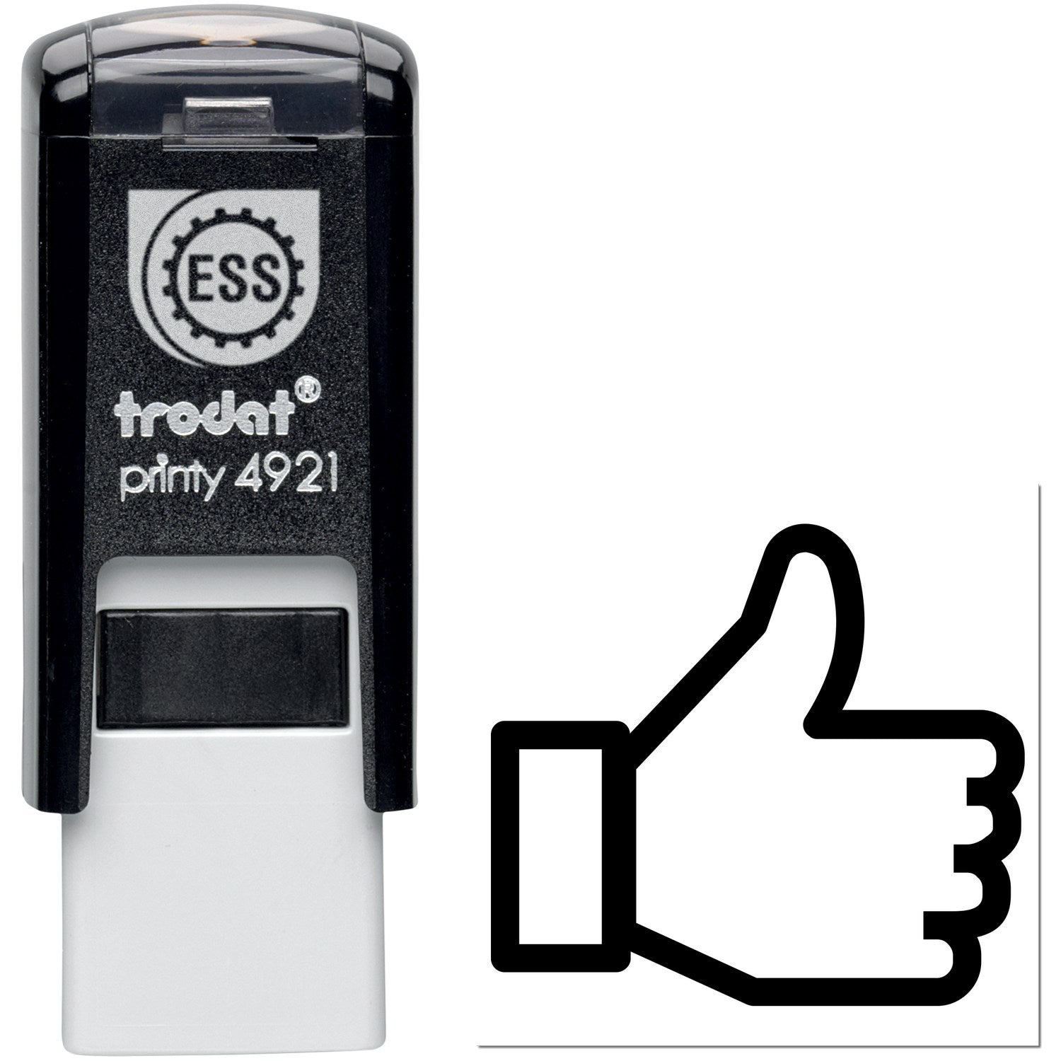 Self-Inking Happy Customer Loyalty Stamp with black casing and thumbs-up design. Ideal for businesses to reward customer loyalty. Compact and easy to use.