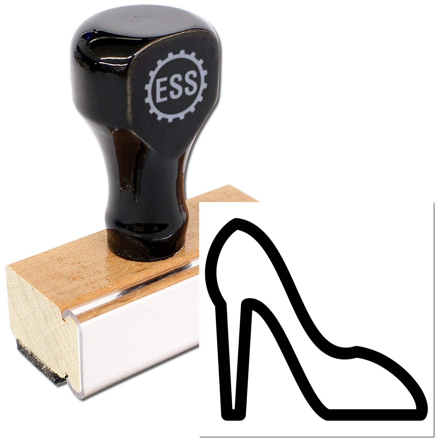 Wood Handle Shoe Loyalty Card Rubber Stamp with a sleek black top and durable wooden base, featuring a high heel shoe design. Perfect for adding a stylish touch to loyalty cards.