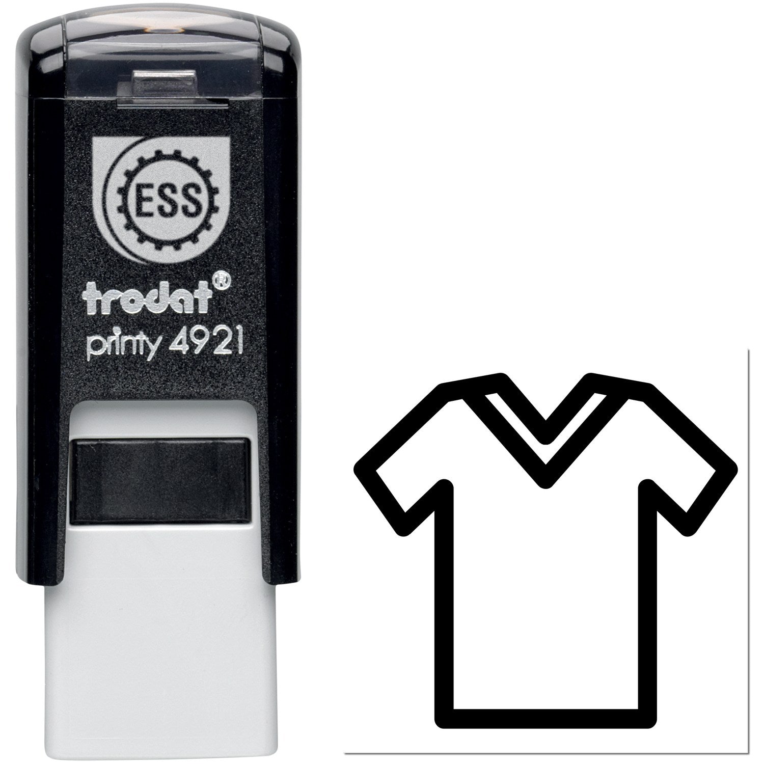 Self-Inking Clothing Frequent Buyer Stamp, black casing, with a clothing icon imprint. Ideal for marking garments. Compact and efficient design for frequent use.