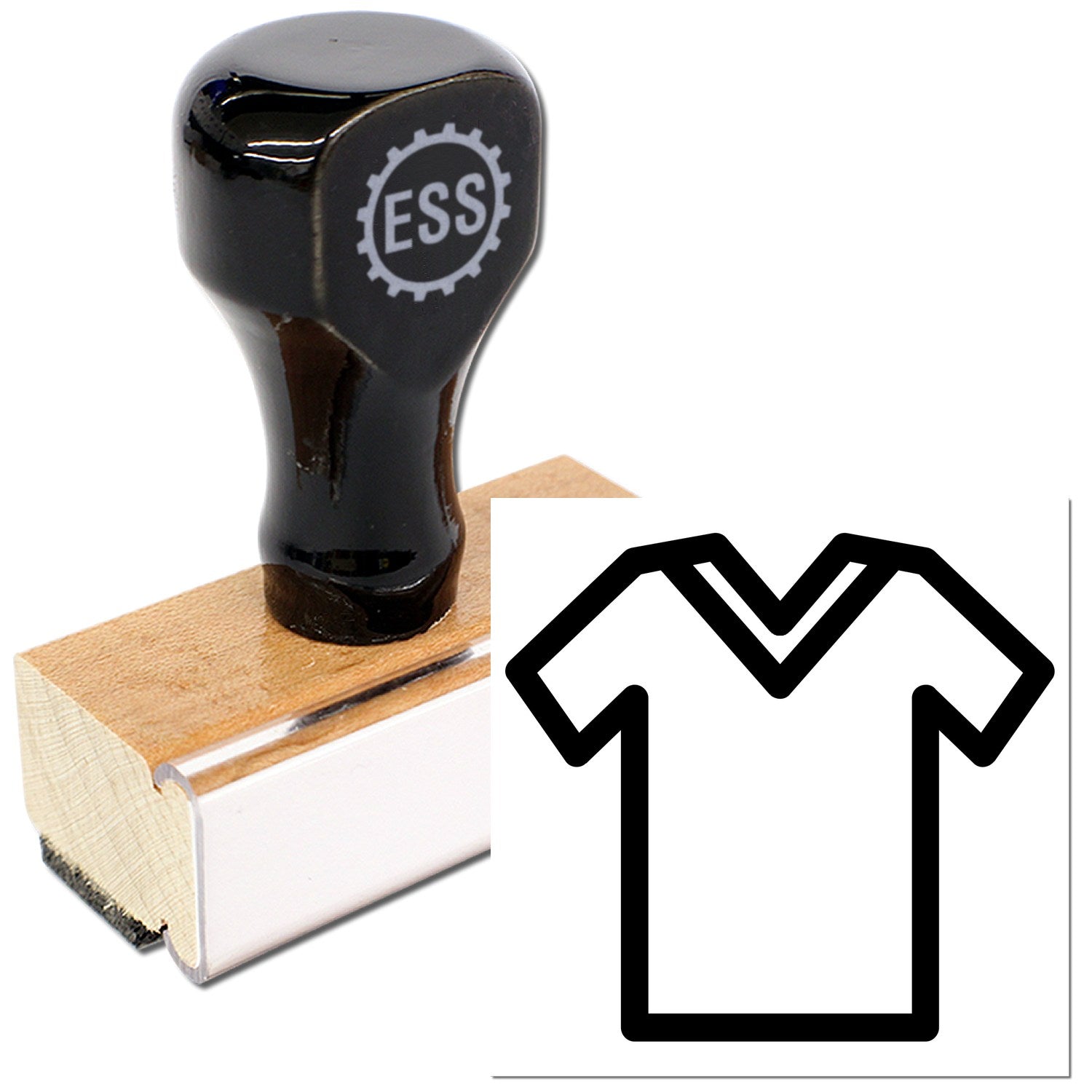 Wood Handle Clothing Frequent Buyer Rubber Stamp with a sleek black top and wooden base, featuring a clothing icon. Ideal for marking loyalty cards and promotional materials.