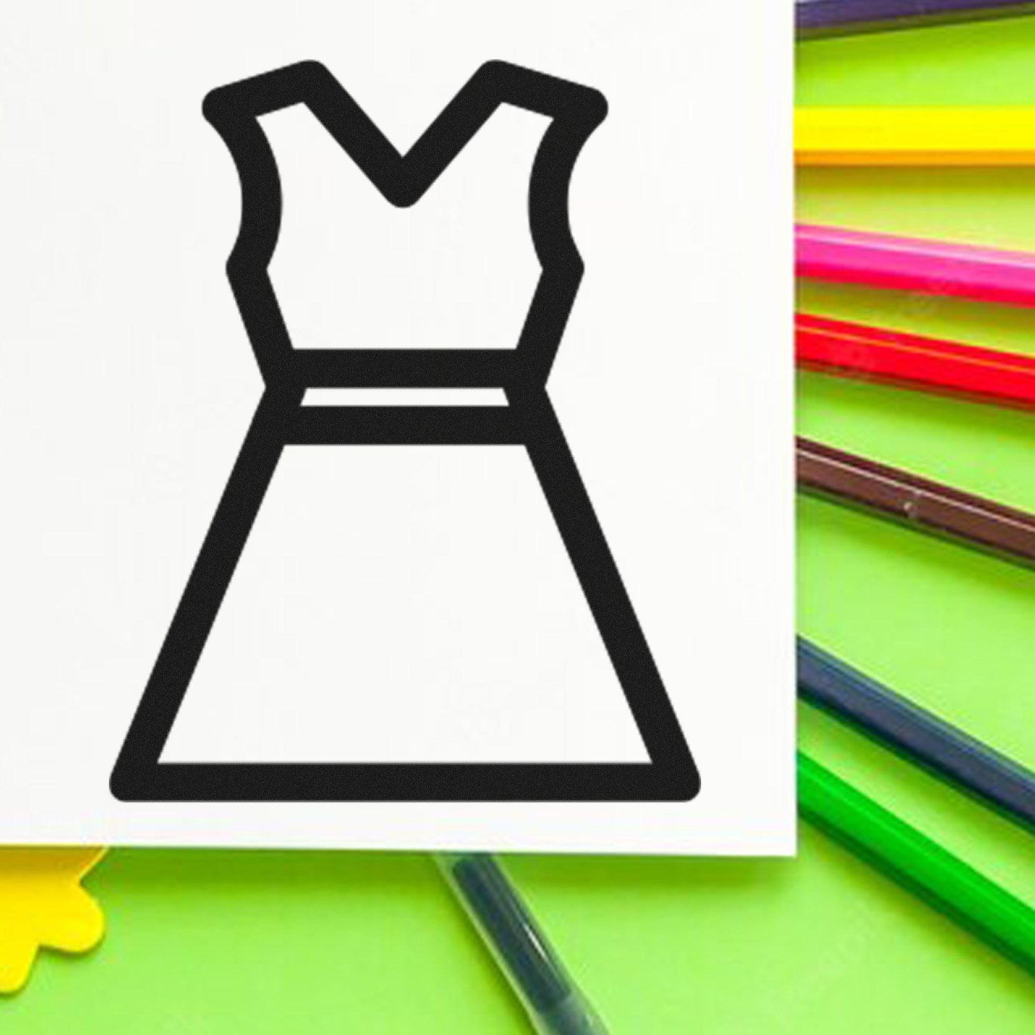 Wood Handle Clothing Punch Card Rubber Stamp featuring a dress design, displayed on a white card with colorful markers in the background. Perfect for crafting and personalization.