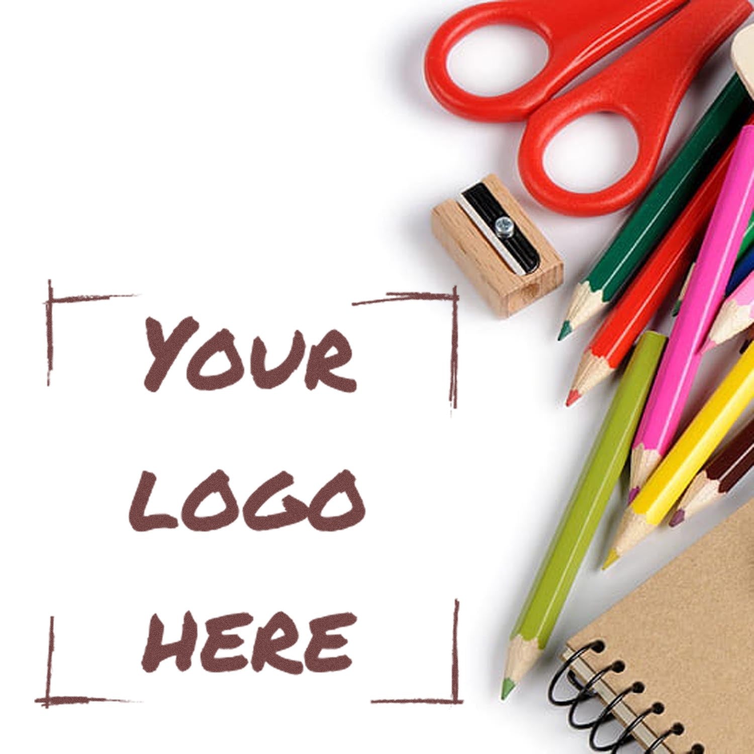 Wood Handle Logo Loyalty Program Rubber Stamp with a wooden handle, surrounded by colorful pencils and scissors, ideal for branding and loyalty programs.