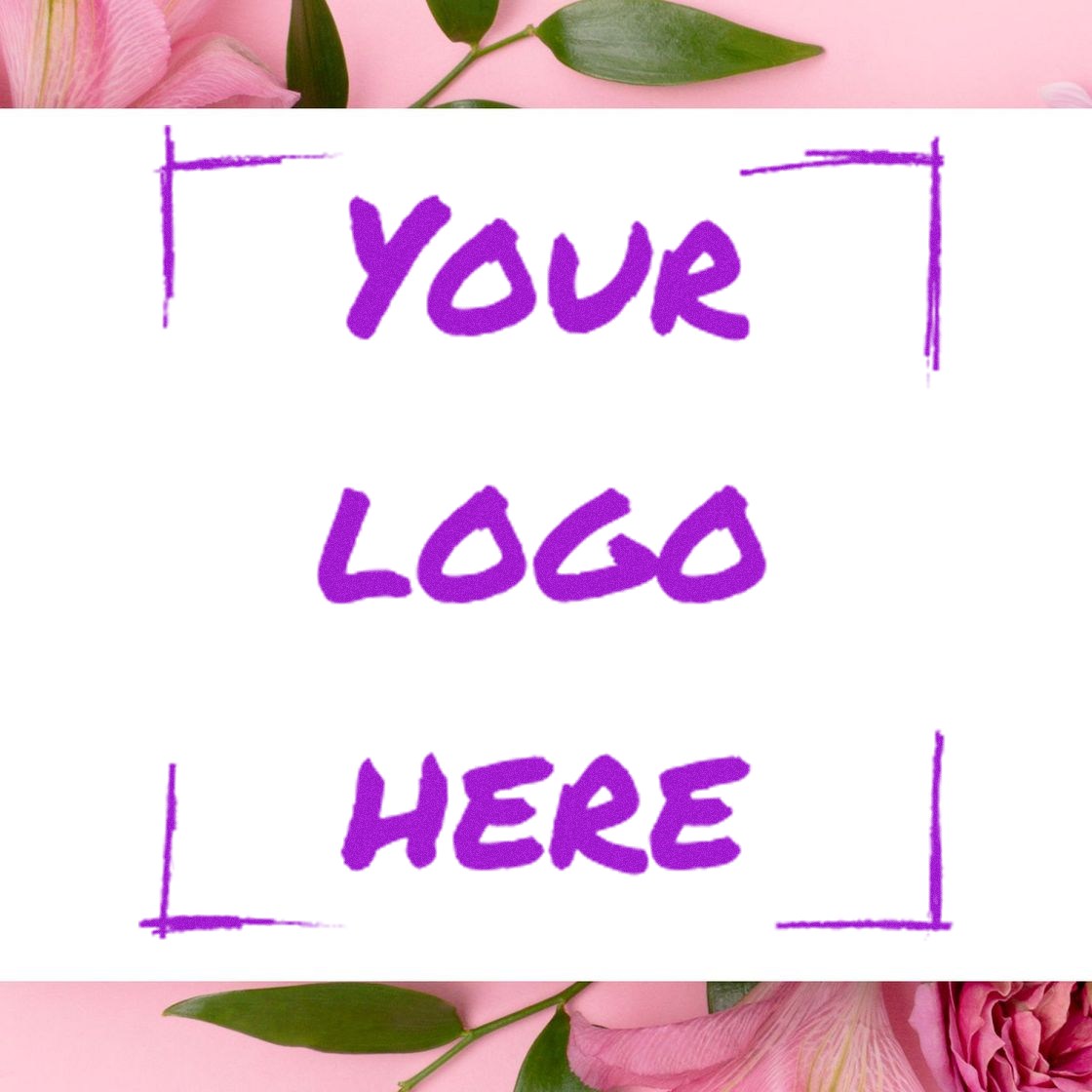 Self-Inking Logo Loyalty Program Stamp with customizable purple text 'Your Logo Here' on a white background, surrounded by pink flowers and green leaves.