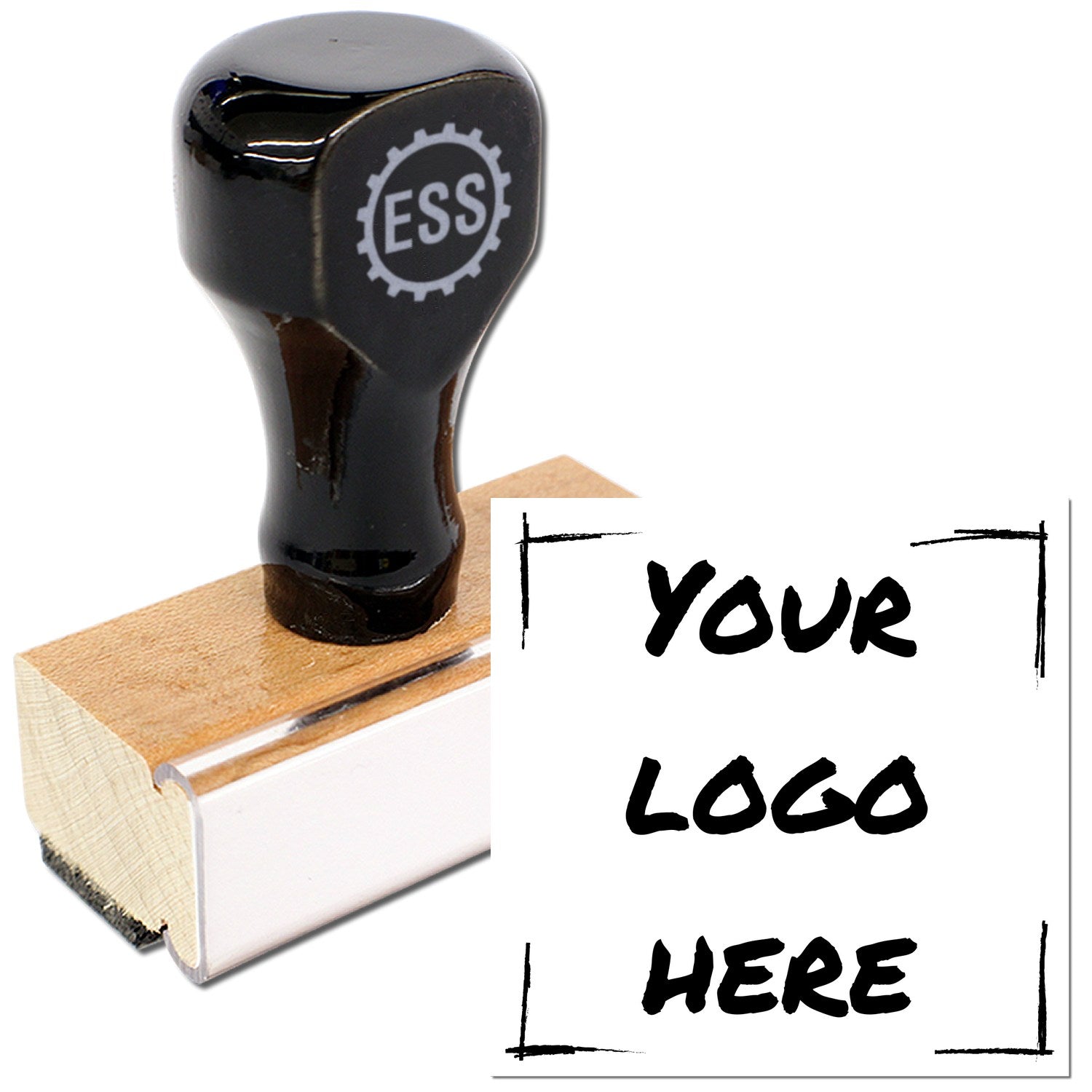 Wood Handle Logo Loyalty Program Rubber Stamp with a sleek black top and customizable logo space, perfect for branding and loyalty initiatives.