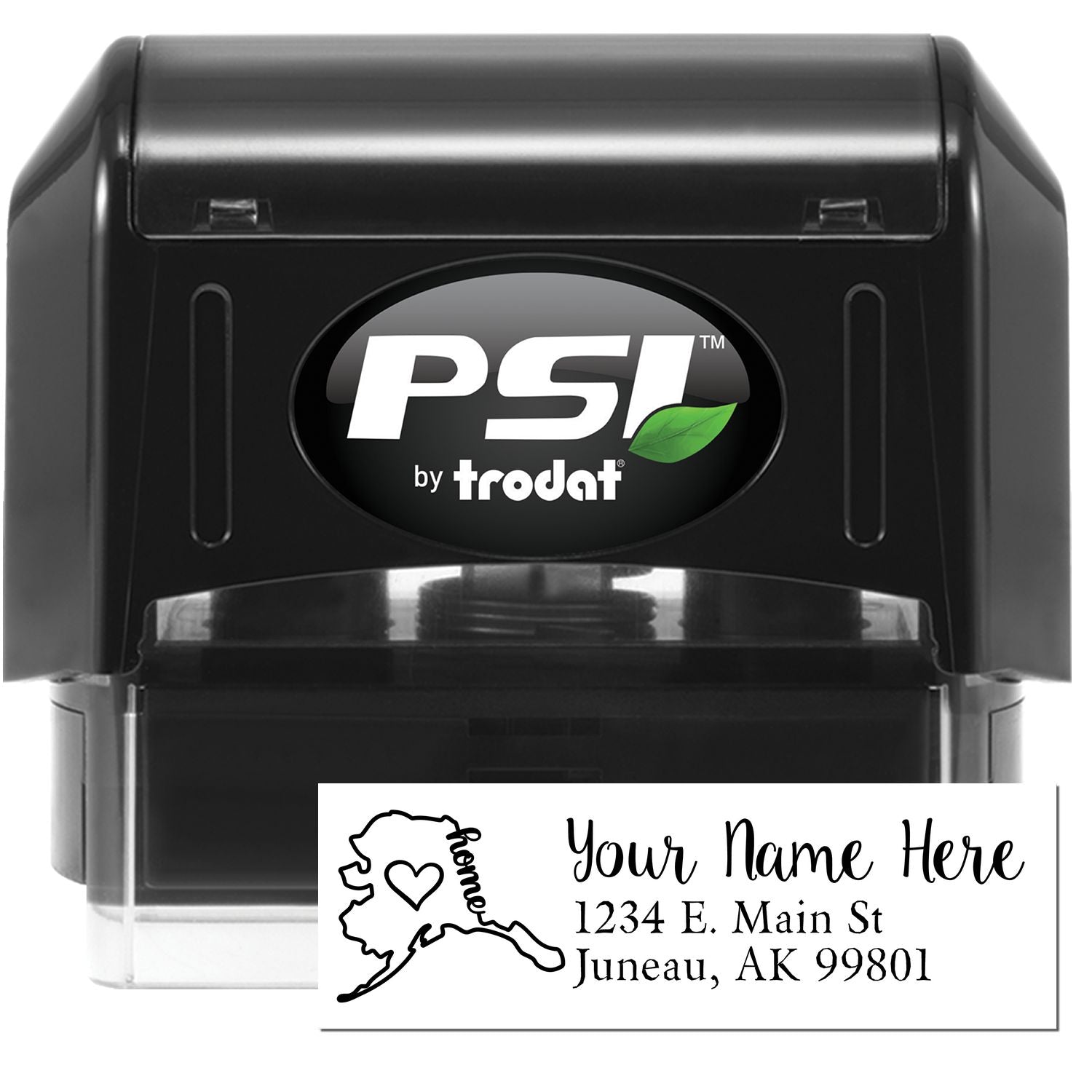 PSI Pre-Inked Personalized Alaska State Love Address Stamp, featuring a black casing and a sample imprint with a heart and Alaska outline, perfect for adding a personal touch to your mail.