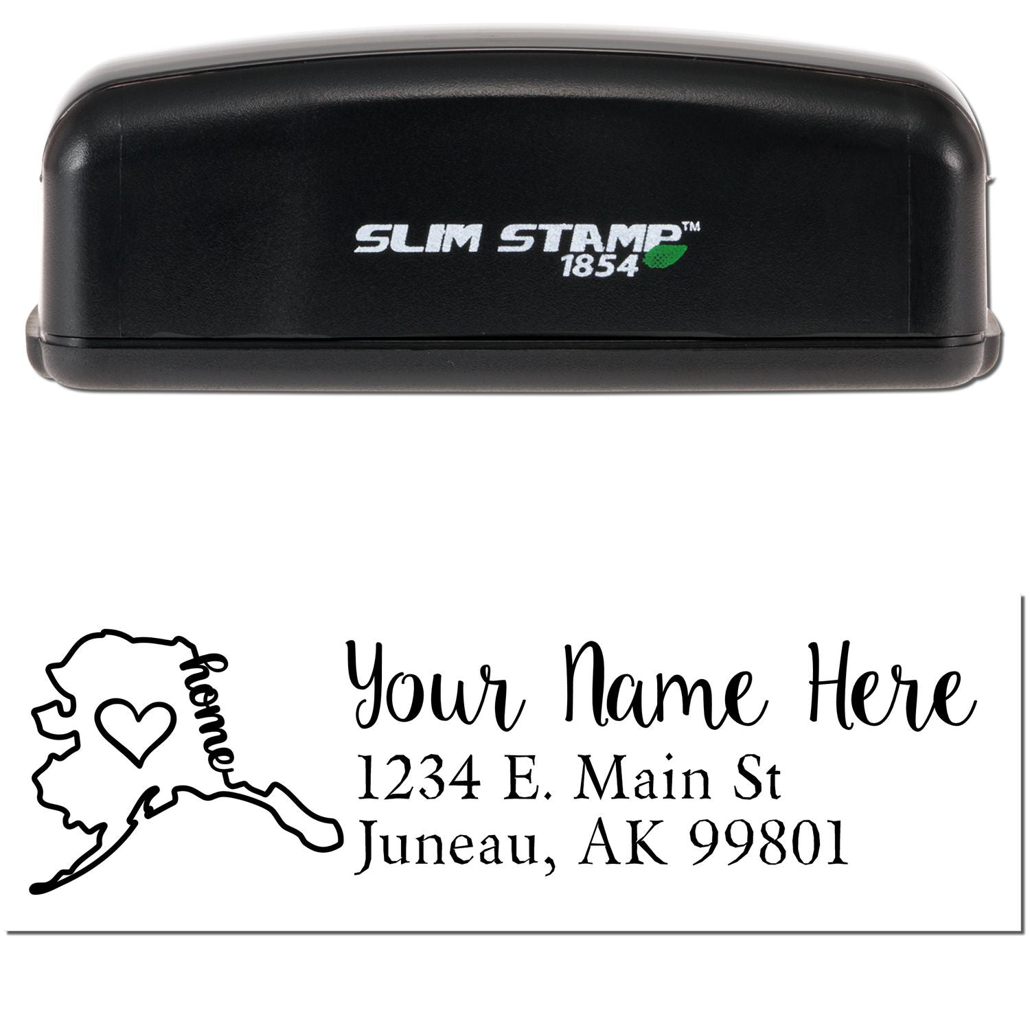 Slim Pre-Inked Alaska State Love Custom Address Stamp with a black casing. Features a heart design on Alaska's map and customizable address text. Ideal for personalizing mail with style.