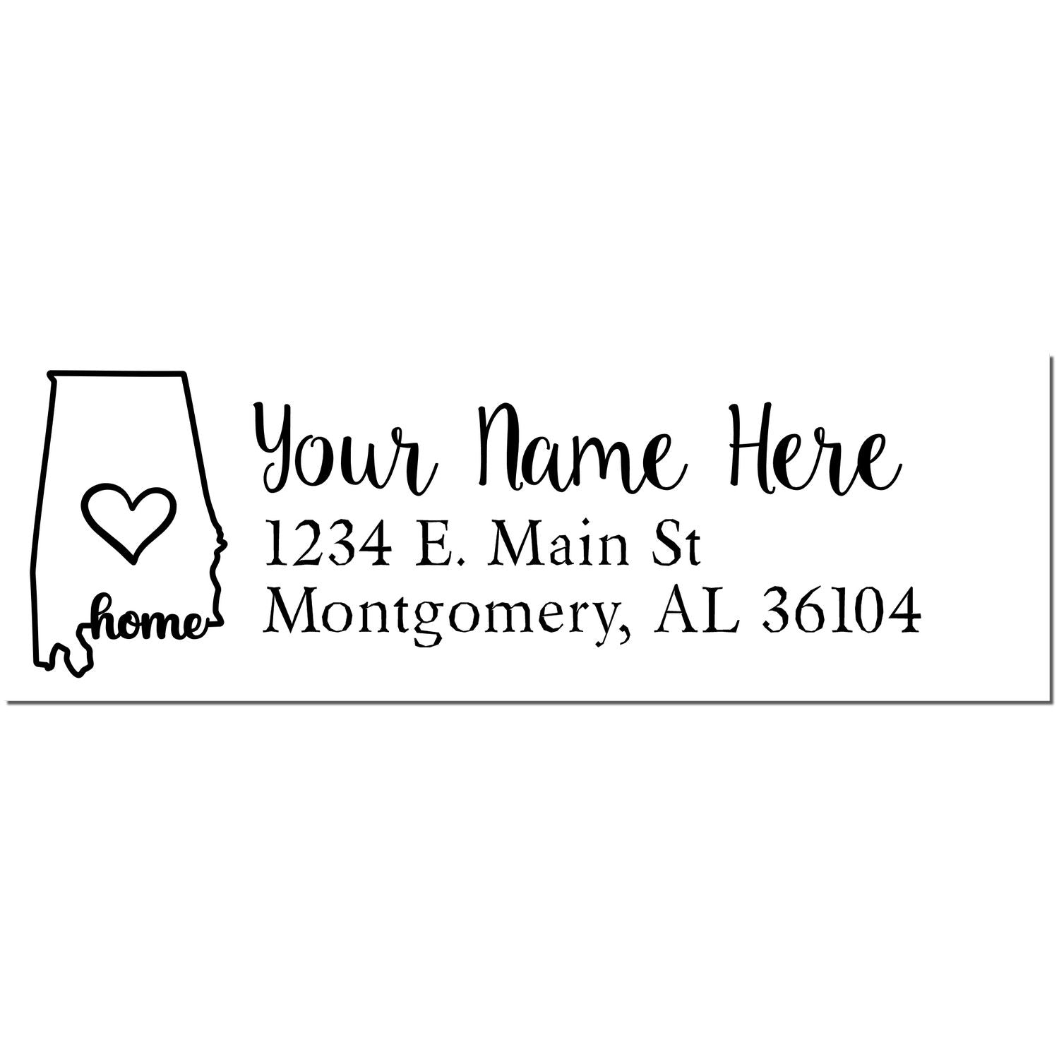 Alabama Self-Inking State Love Address Stamp featuring a heart design within the state outline, customizable with name and address in elegant script. Perfect for personalizing mail from Alabama.