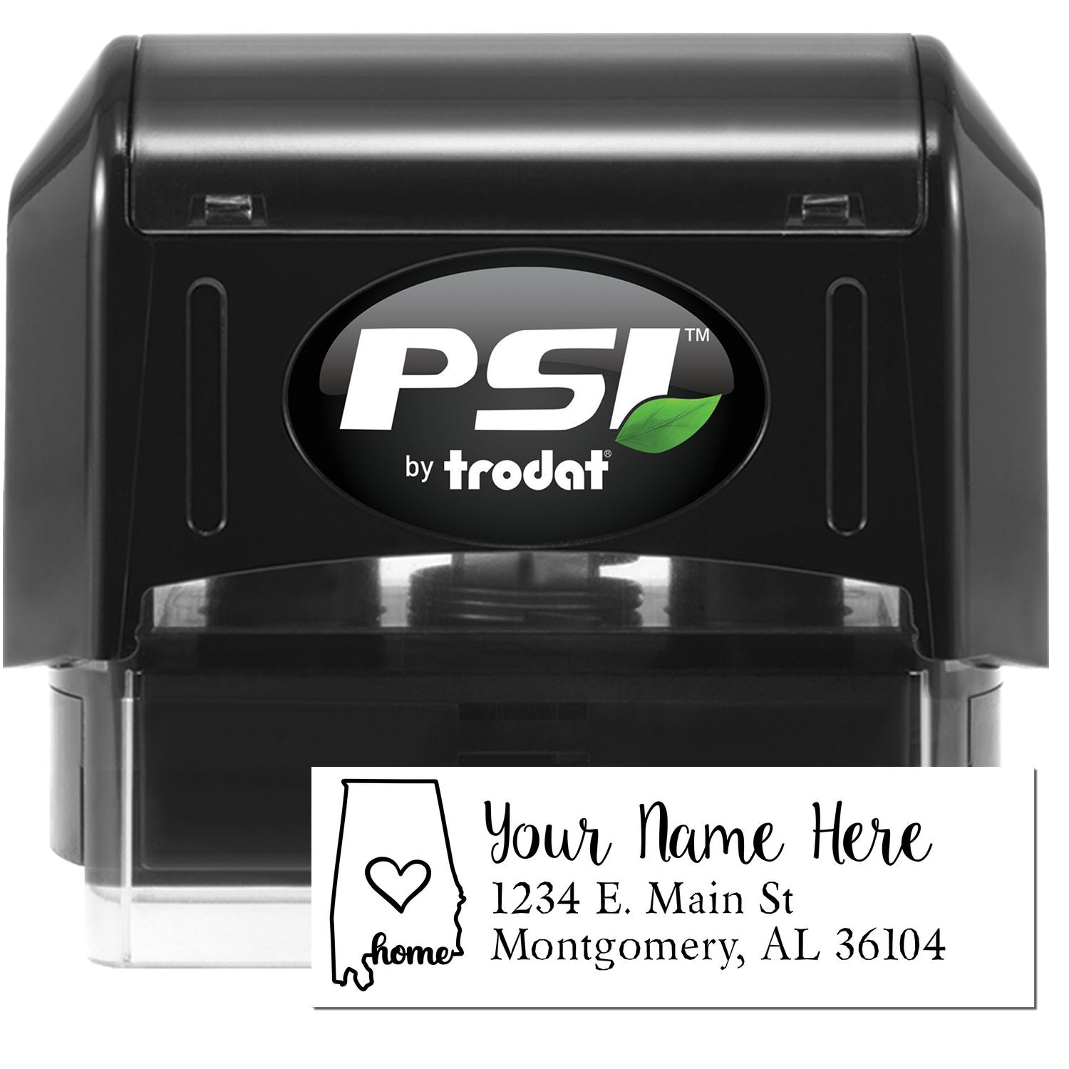 PSI Pre-Inked Personalized Alabama State Love Address Stamp, featuring a black casing with a sample address and a heart design within the Alabama state outline.