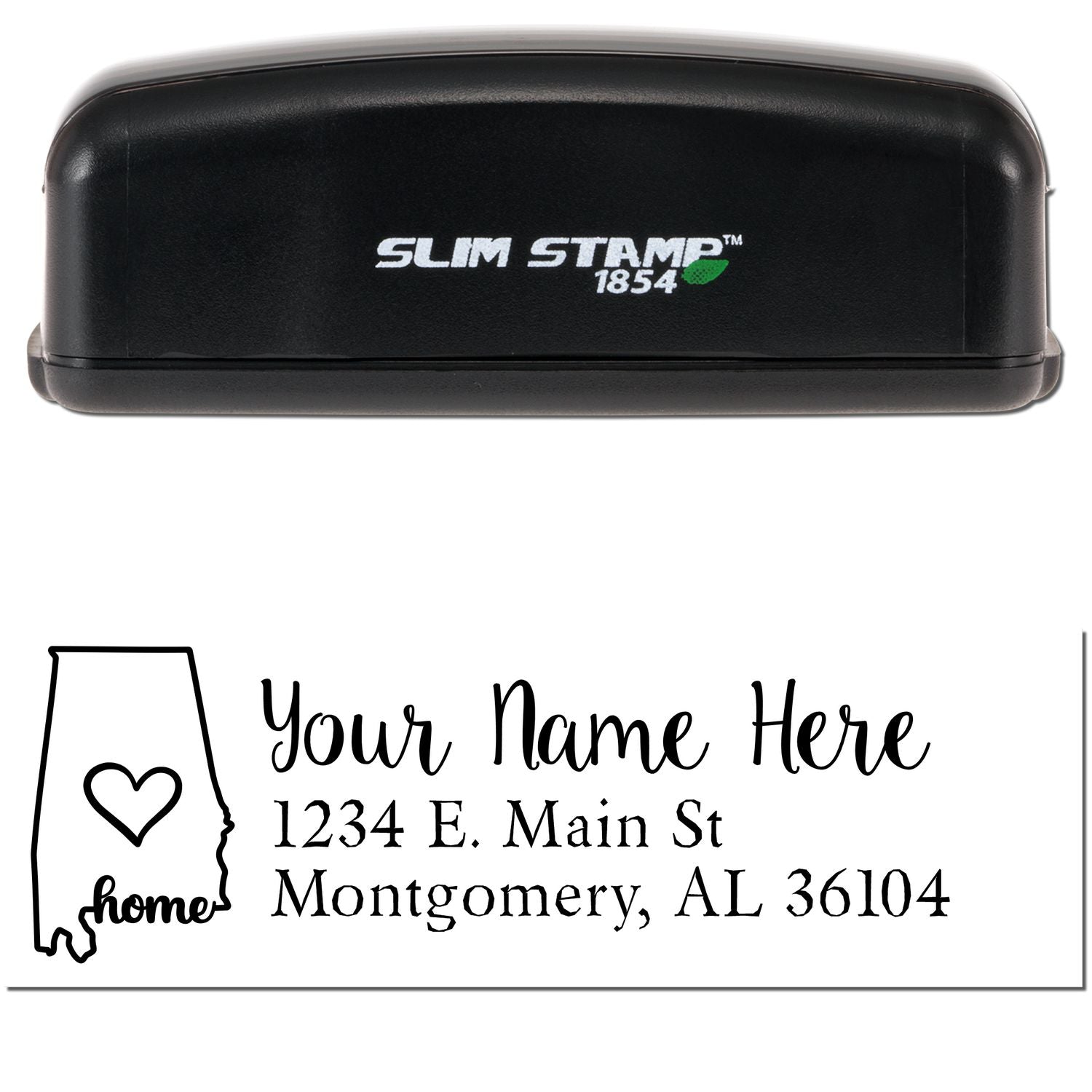 Slim Pre-Inked Alabama State Love Custom Address Stamp with a black casing. Features a heart design inside Alabama's outline and customizable address text below.