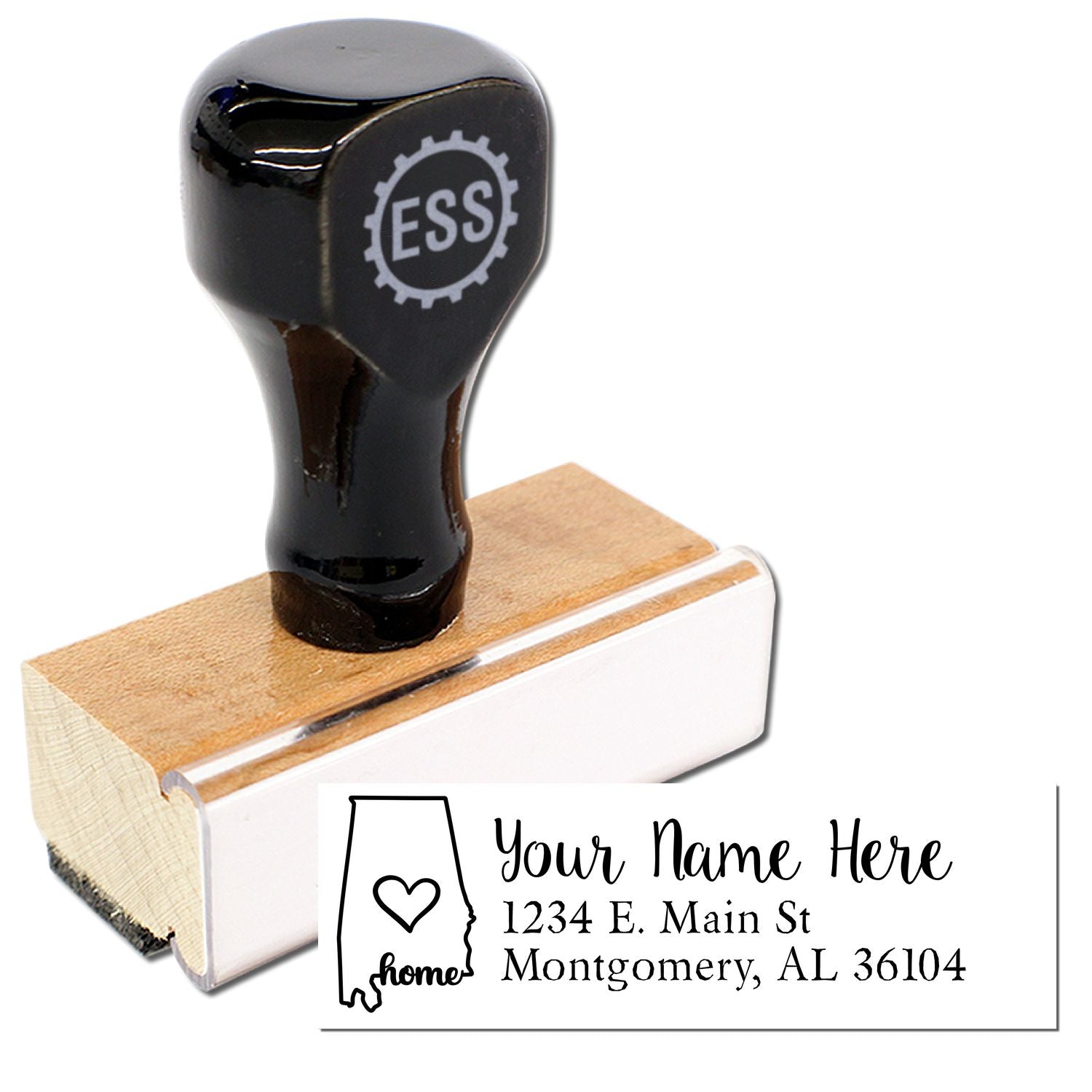 Wood Handle Alabama Custom Address Rubber Stamp with a black top and wooden base. Features a personalized address design with a heart and Alabama outline. Ideal for adding a personal touch to mail.