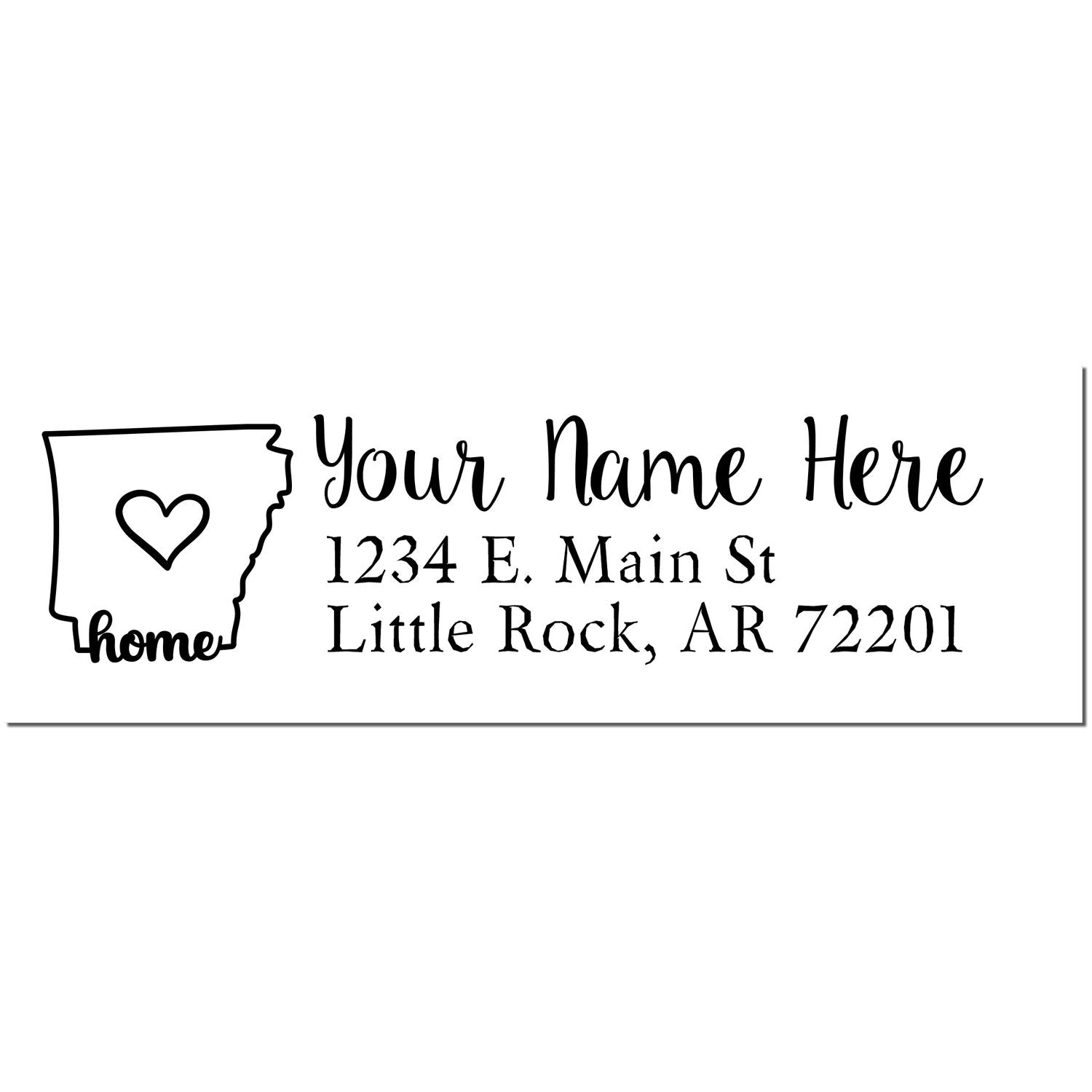 Wood Handle Arkansas Custom Address Rubber Stamp with a heart design inside the state outline. Text reads 'Your Name Here, 1234 E. Main St, Little Rock, AR 72201' in a stylish font.