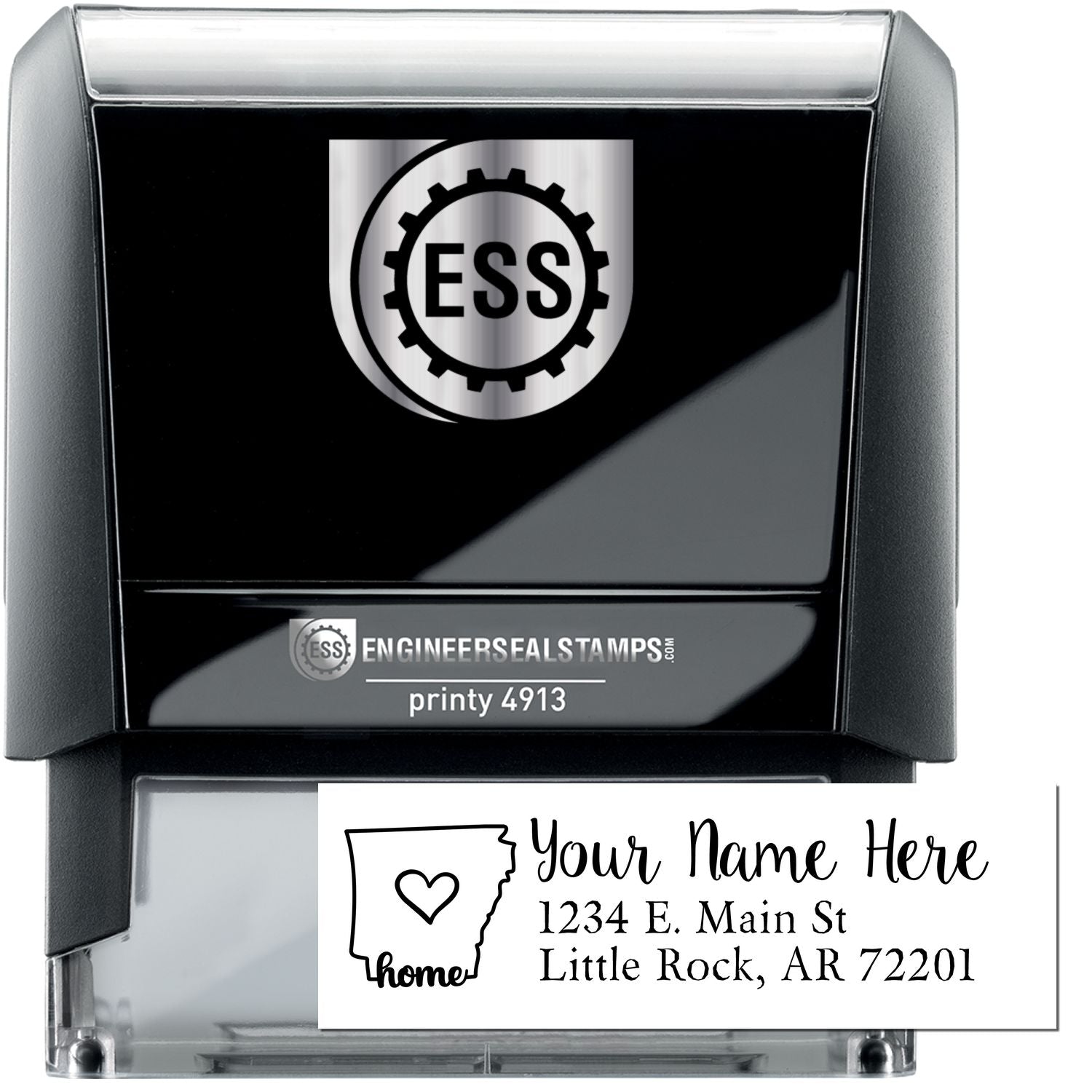 Arkansas Self-Inking State Love Address Stamp with a black casing, featuring a customizable address area with a heart design inside the state outline. Perfect for personalizing mail from Arkansas.