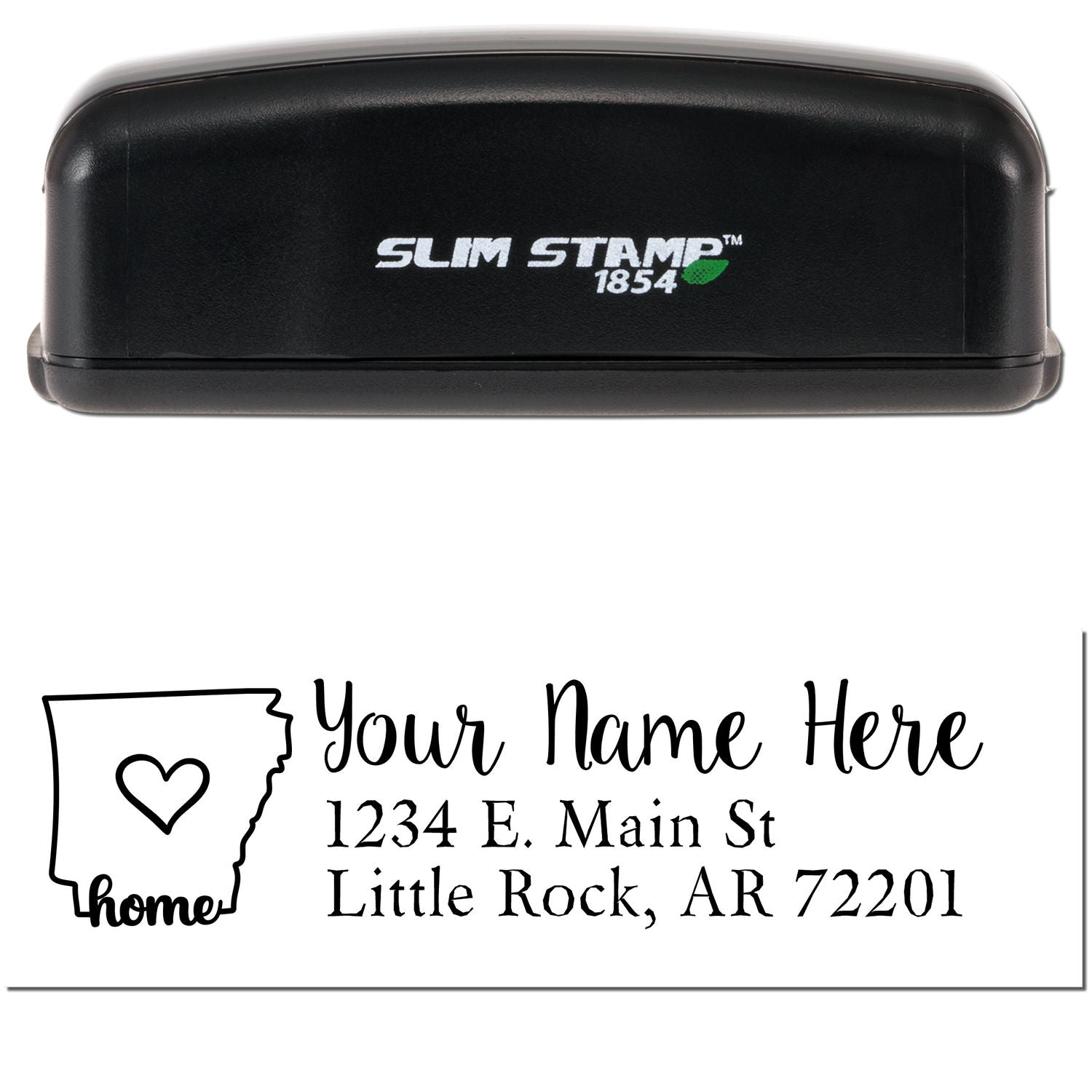 Slim Pre-Inked Arkansas State Love Custom Address Stamp with a black casing. Features a heart design within the state outline and customizable address text below.