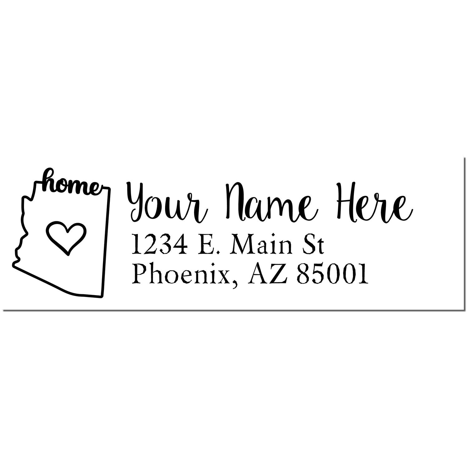 Arizona Self-Inking State Love Address Stamp featuring a heart inside the Arizona state outline, customizable with name and address. Perfect for adding a personal touch to your mail.