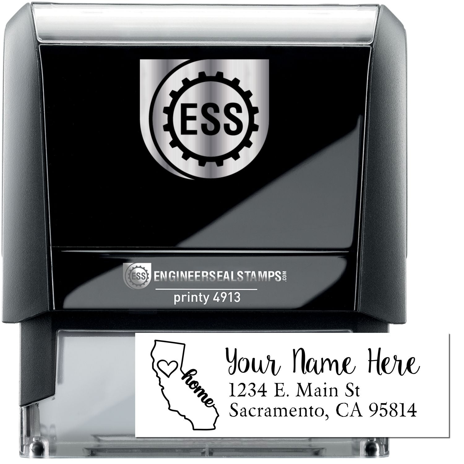 California Self-Inking State Love Address Stamp with a black casing, featuring a map outline of California and the word home. Customizable address example shown below the stamp.