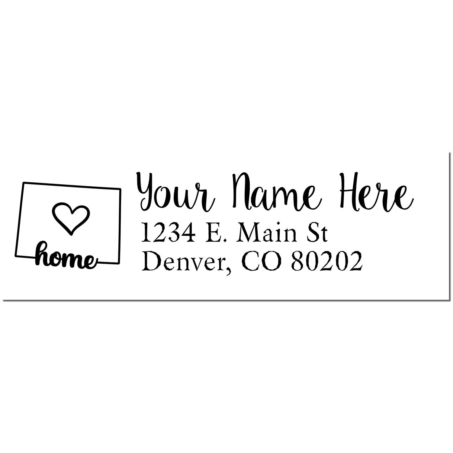 PSI Pre-Inked Personalized Colorado State Love Address Stamp with a heart inside the state outline, customizable name, and address fields in a stylish font.