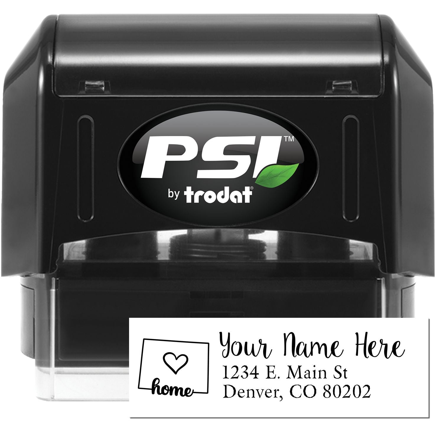 PSI Pre-Inked Personalized Colorado State Love Address Stamp, featuring a black casing and a sample imprint with a heart icon, customizable for your address.