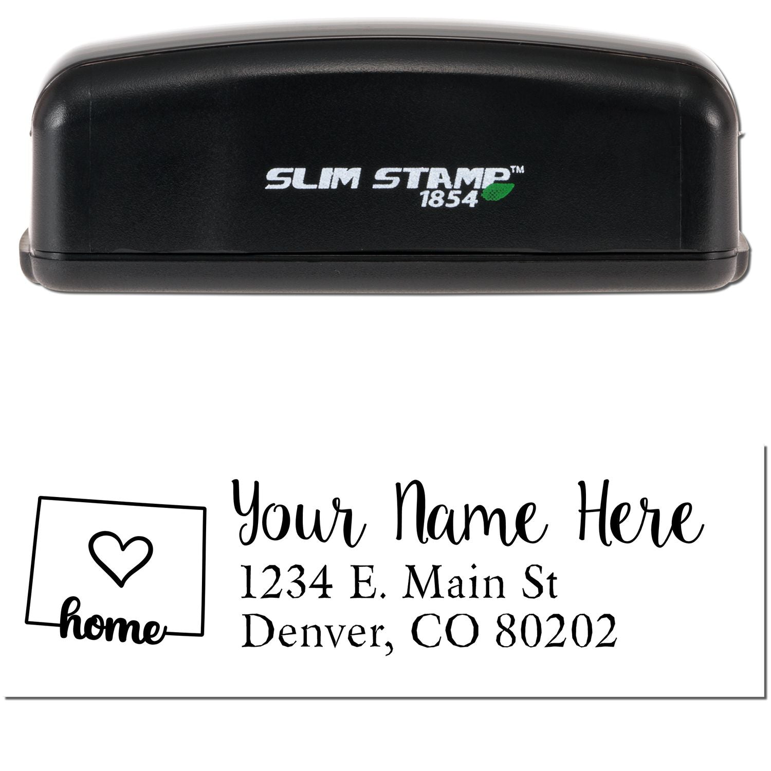 Slim Pre-Inked Colorado State Love Custom Address Stamp with a black casing. Features a heart and home design, customizable with your name and address. Perfect for personalizing mail.