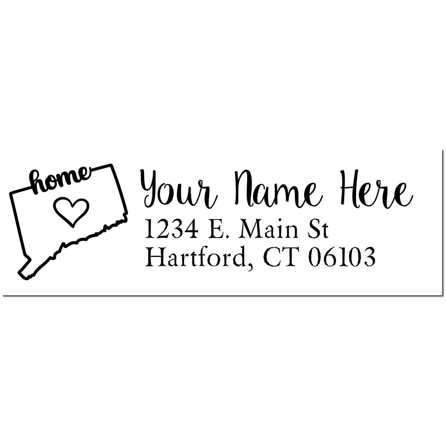 Slim Pre-Inked Connecticut State Love Custom Address Stamp featuring a heart inside the state outline, with customizable name and address fields in elegant script.