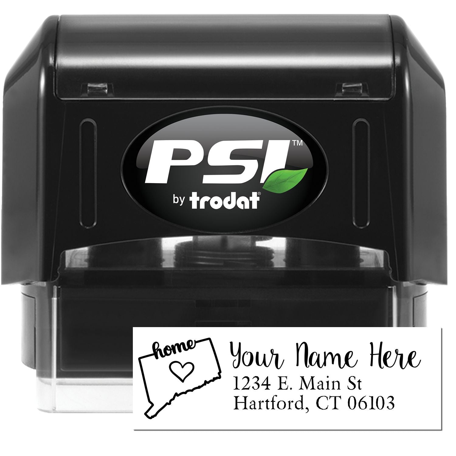 PSI Pre-Inked Personalized Connecticut State Love Address Stamp, featuring a black casing with a sample imprint showing a heart over Connecticut and customizable address text.