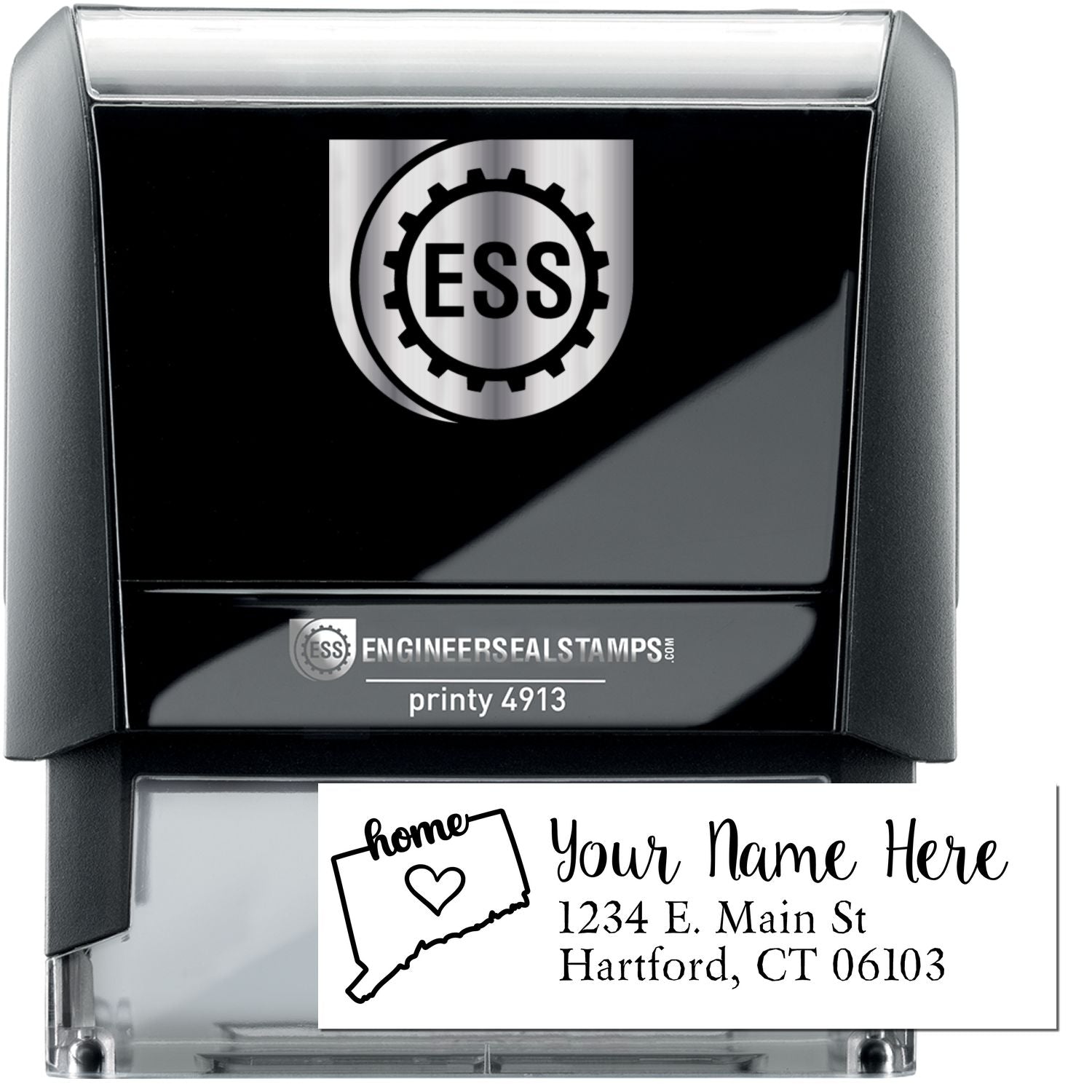 Connecticut Self-Inking State Love Address Stamp featuring a black casing with ESS logo, and a sample imprint showing a heart over Connecticut, personalized address, and Your Name Here.