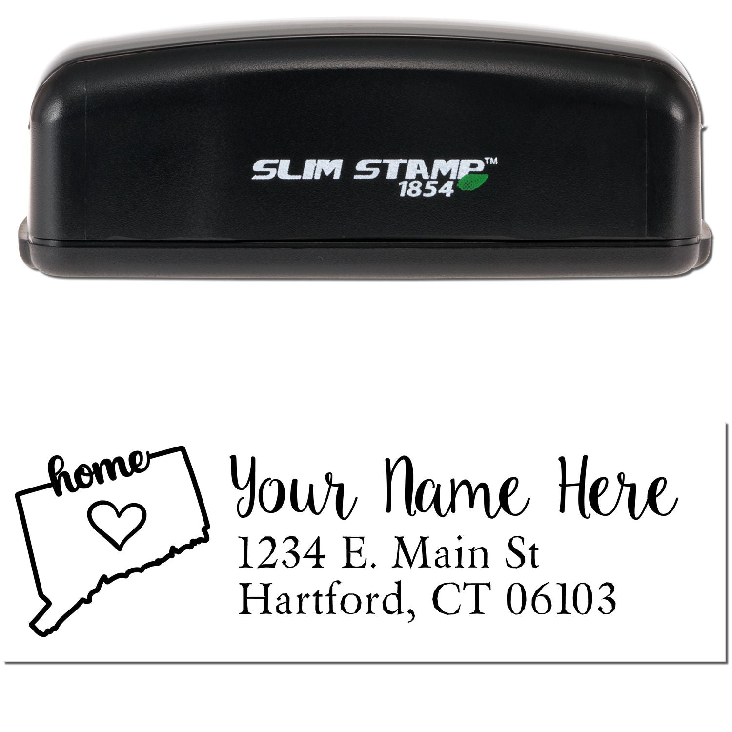 Slim Pre-Inked Connecticut State Love Custom Address Stamp with home text and heart over state outline. Personalize with name and address. Black casing with Slim Stamp 1854 branding.