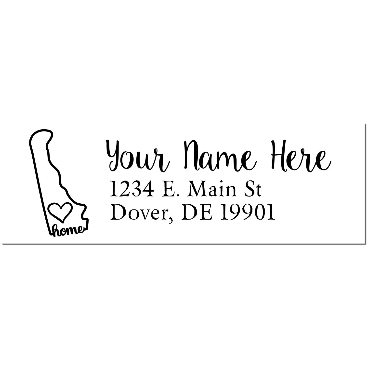 PSI Pre-Inked Personalized Delaware State Love Address Stamp featuring a map outline with a heart, customizable name, and address text in elegant font. Perfect for adding a personal touch to mail.