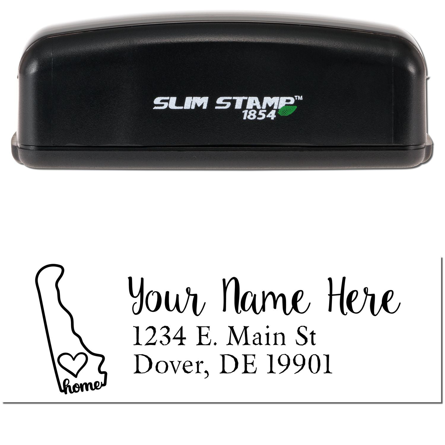 Slim Pre-Inked Delaware State Love Custom Address Stamp with a black casing. Features a Delaware outline with a heart and customizable address text below.